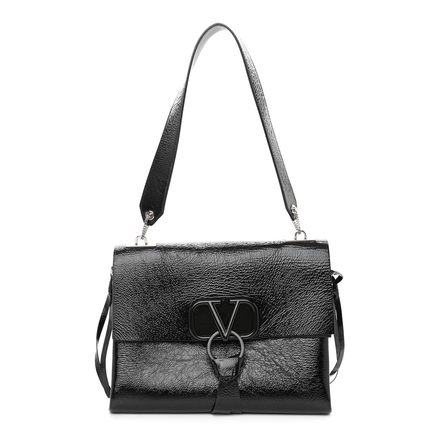 Textured Patent Calfskin Medium Vring Shoulder Bag Black