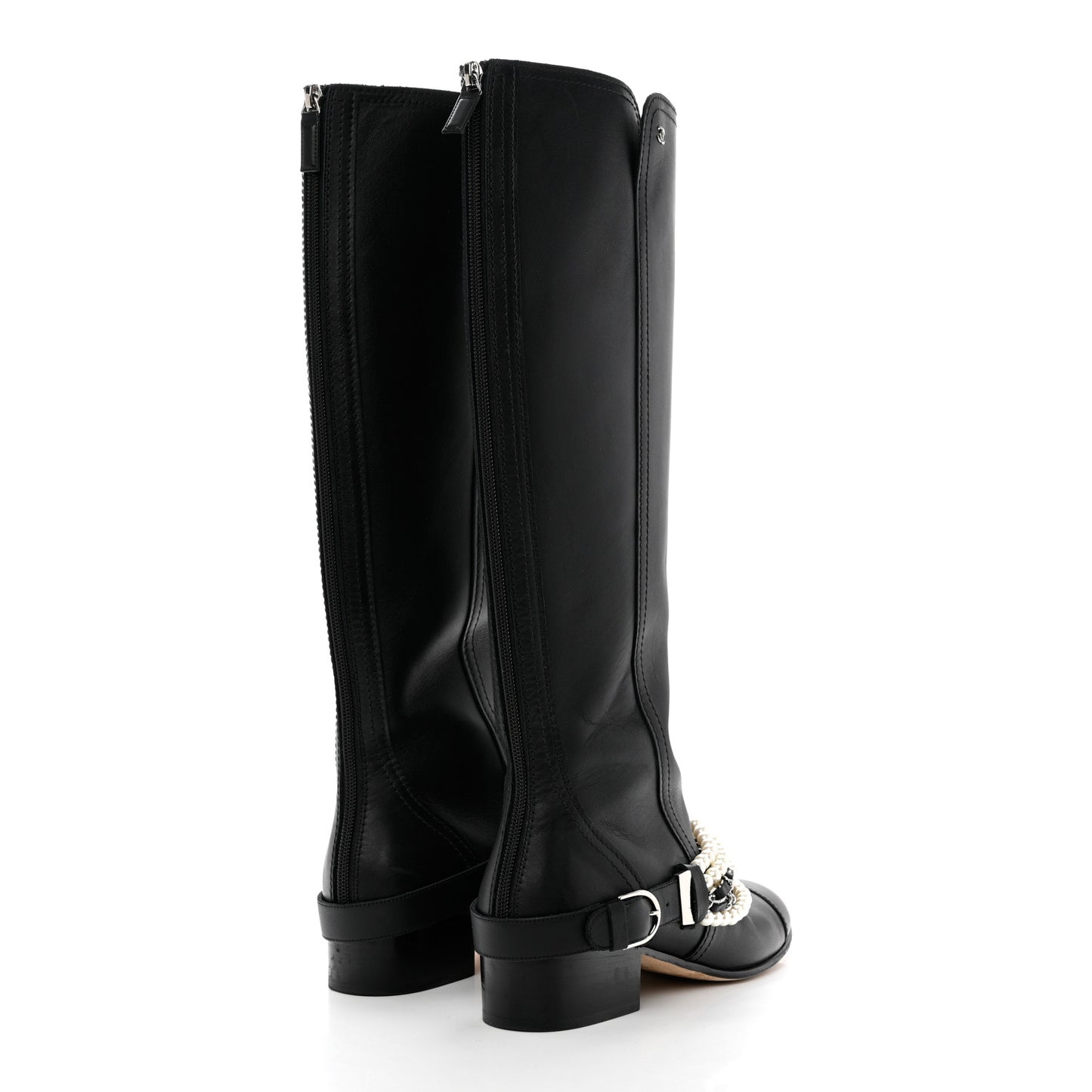 Calfskin Pearl Cap Toe High Boots 38 Black