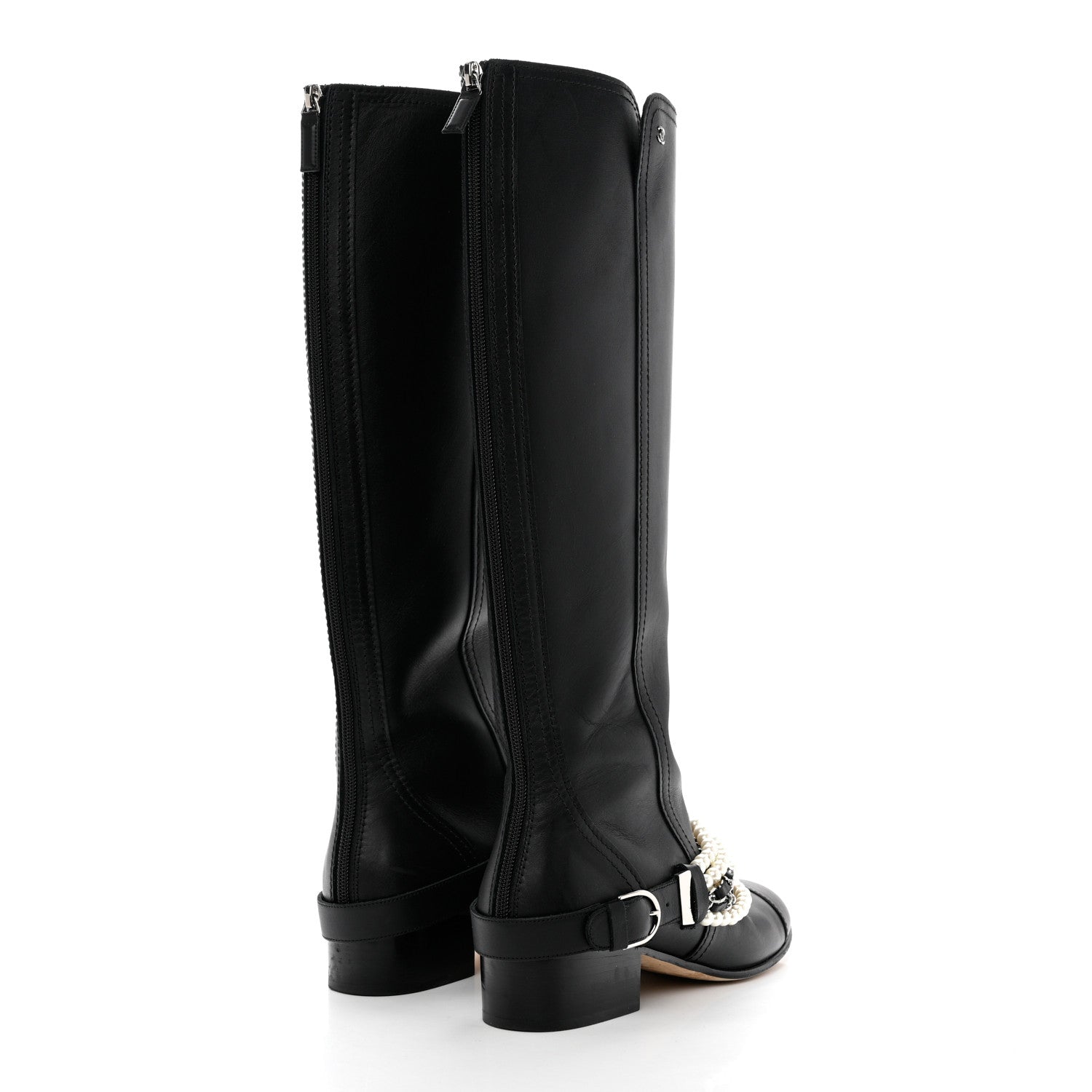 Chanel Calfskin Pearl Cap Toe High Boots 38 Black 4 of 11