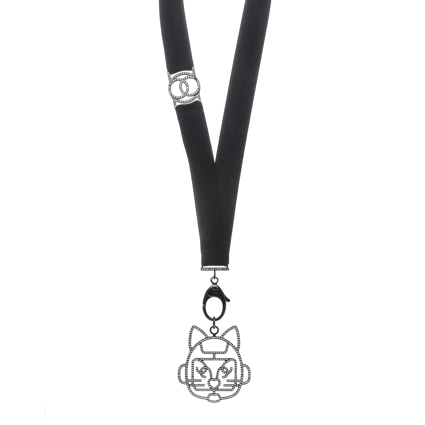Crystal CC Emoji Robot Cat Lanyard Necklace Black Silver