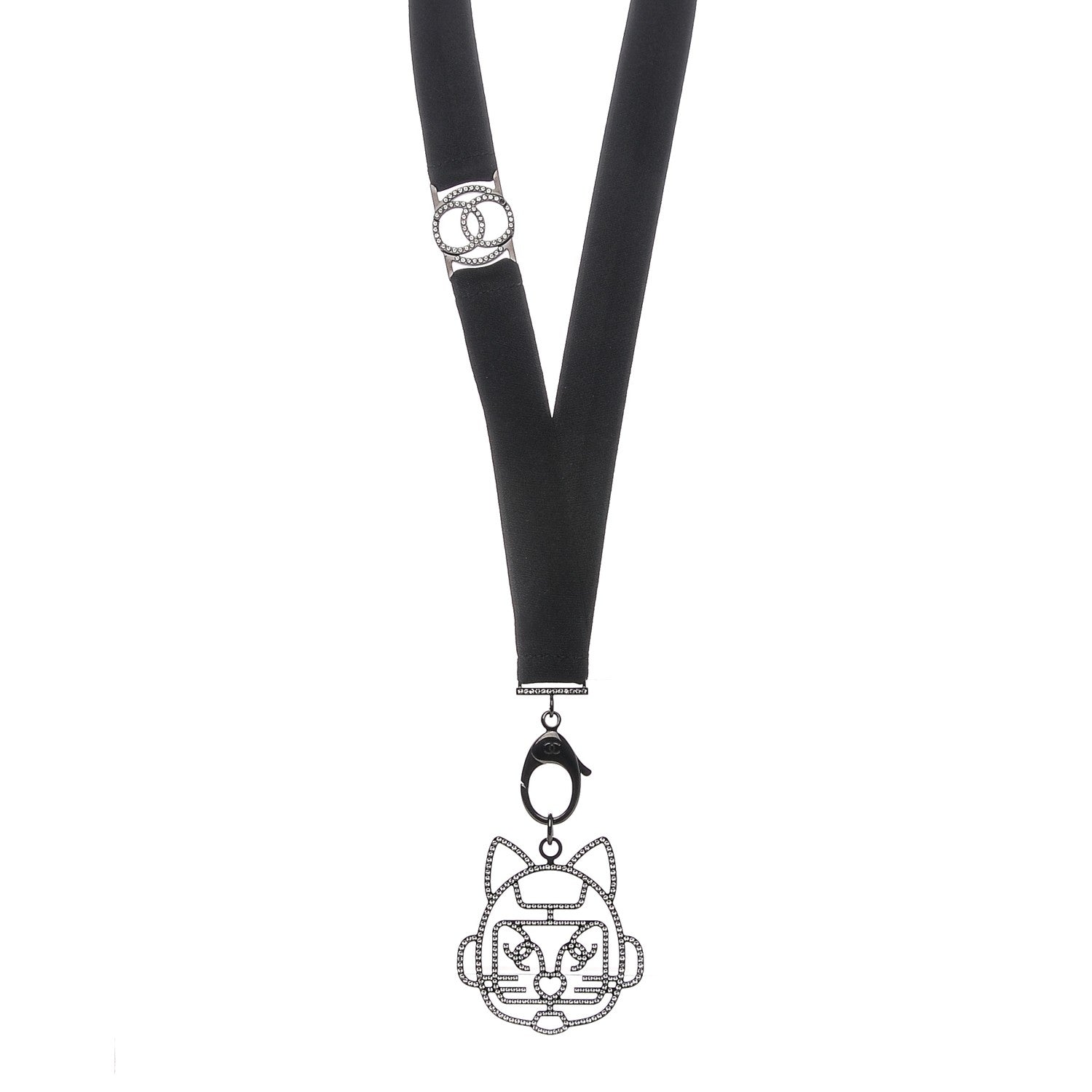 Chanel Crystal CC Emoji Robot Cat Lanyard Necklace Black Silver 1 of 7