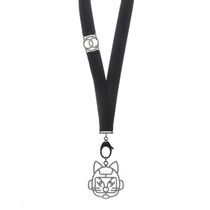 Chanel Crystal CC Emoji Robot Cat Lanyard Necklace Black Silver 1 of 7