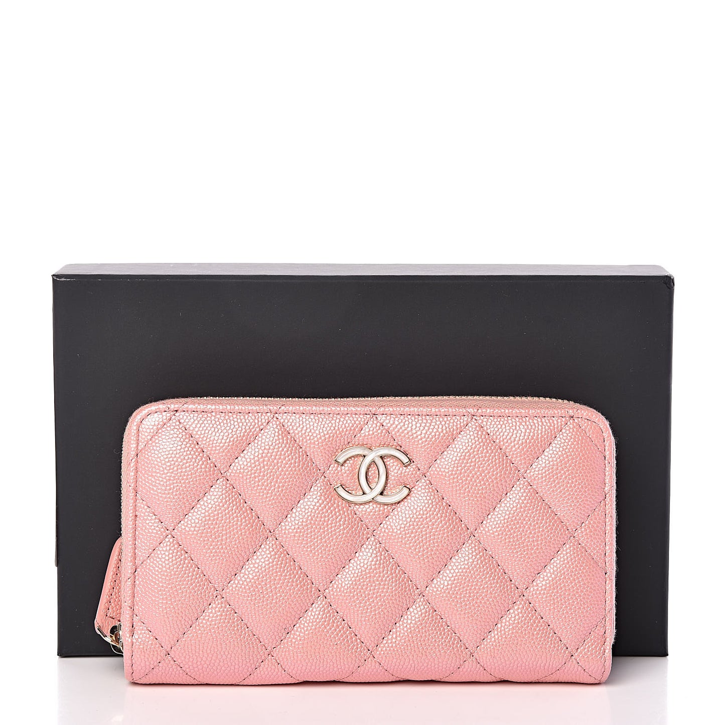 Iridescent Caviar Quilted Medium Zip Around Wallet Pink