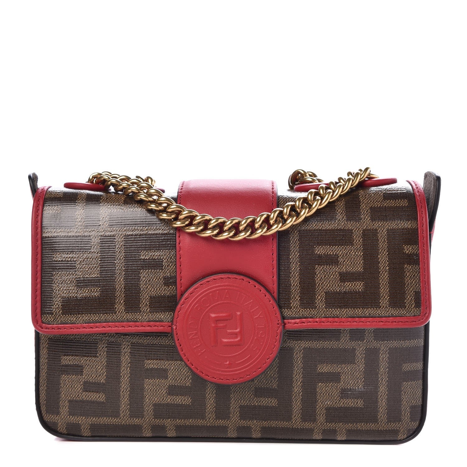 Fendi Glazed Fabric Vitello Century FF 1974 Stamp Patch Mini Double F Crossbody Bag Mogano Panna Fragola 1 of 9
