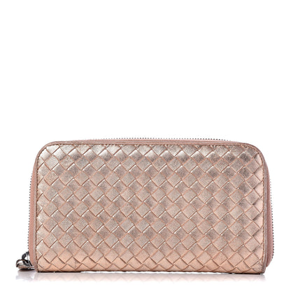 Bottega Veneta Metallic Grosgrain Intrecciato Zip Around Wallet Rose Gold 1 of 11