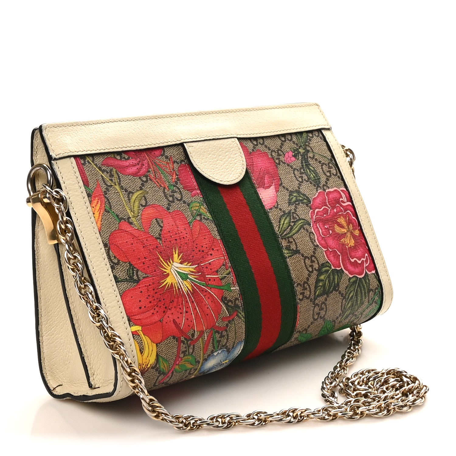 Gucci GG Supreme Monogram Flora Web Small Ophidia Chain Shoulder Bag White 3 of 10