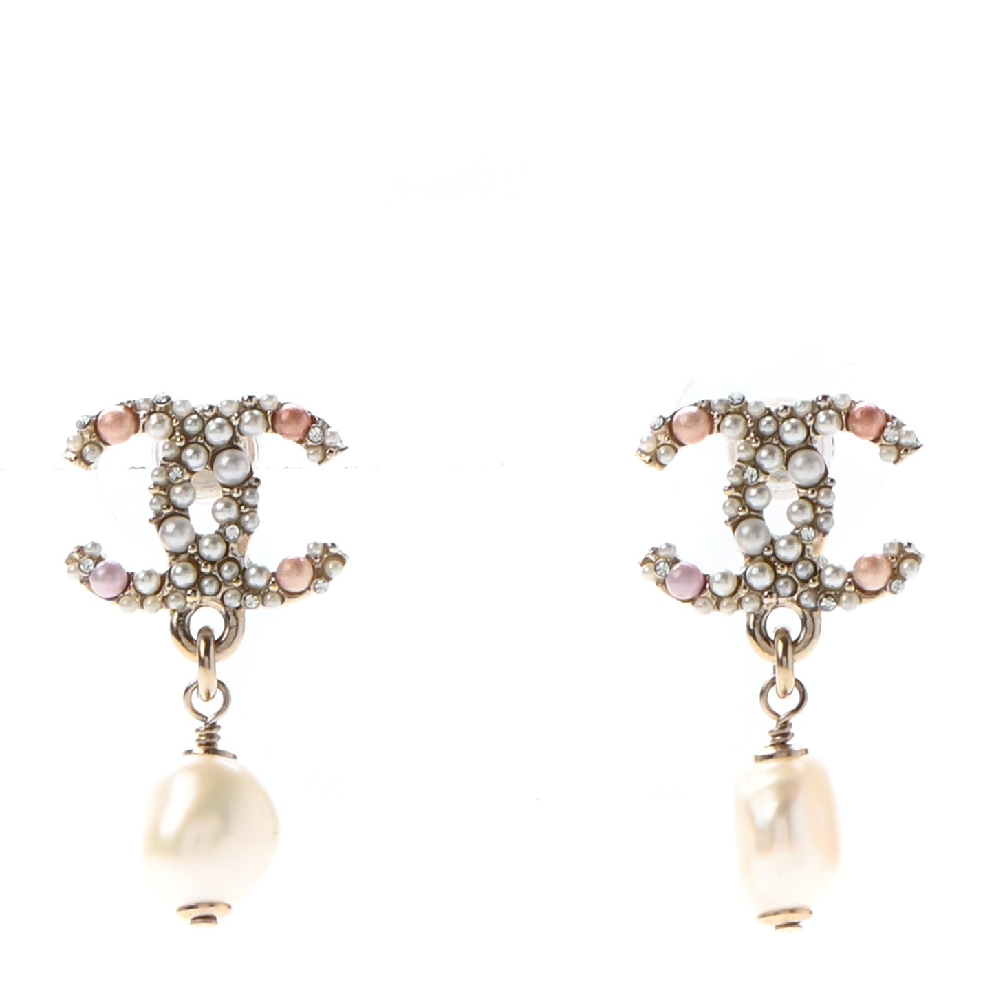 Pearl Crystal CC Charm Drop Earrings Light Gold Pink