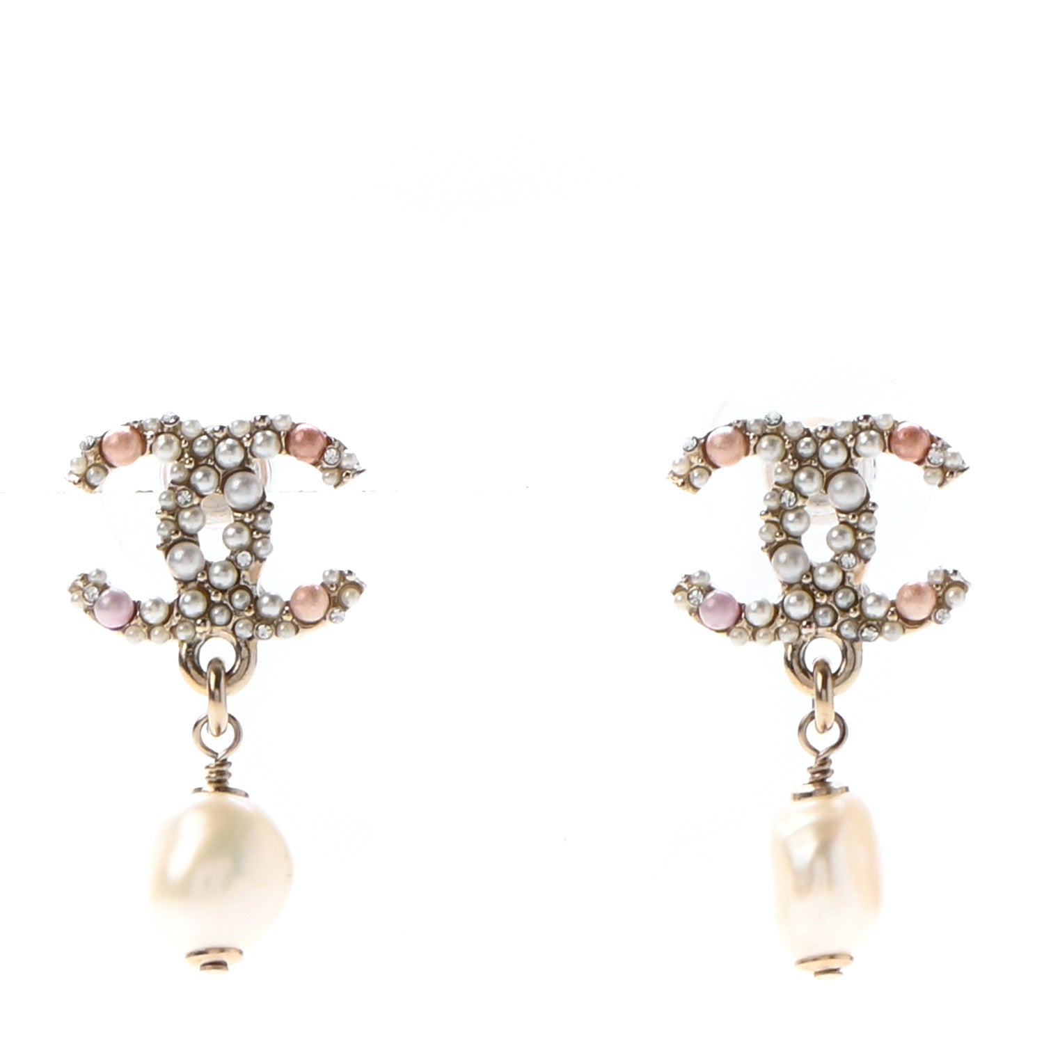 Chanel Pearl Crystal CC Charm Drop Earrings Light Gold Pink 1 of 4