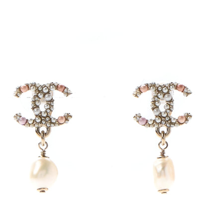 Chanel Pearl Crystal CC Charm Drop Earrings Light Gold Pink 1 of 4