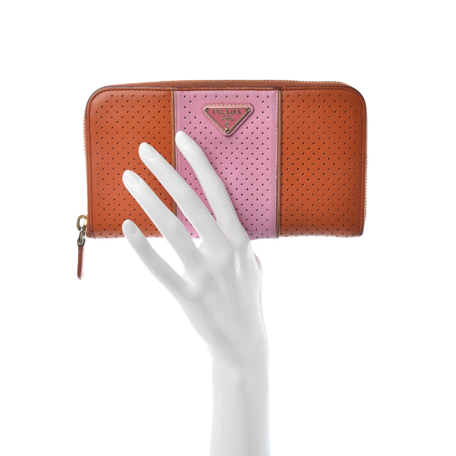 Prada Saffiano Perforated Striped Zip Around Wallet Papaya Caramel 2 of 6