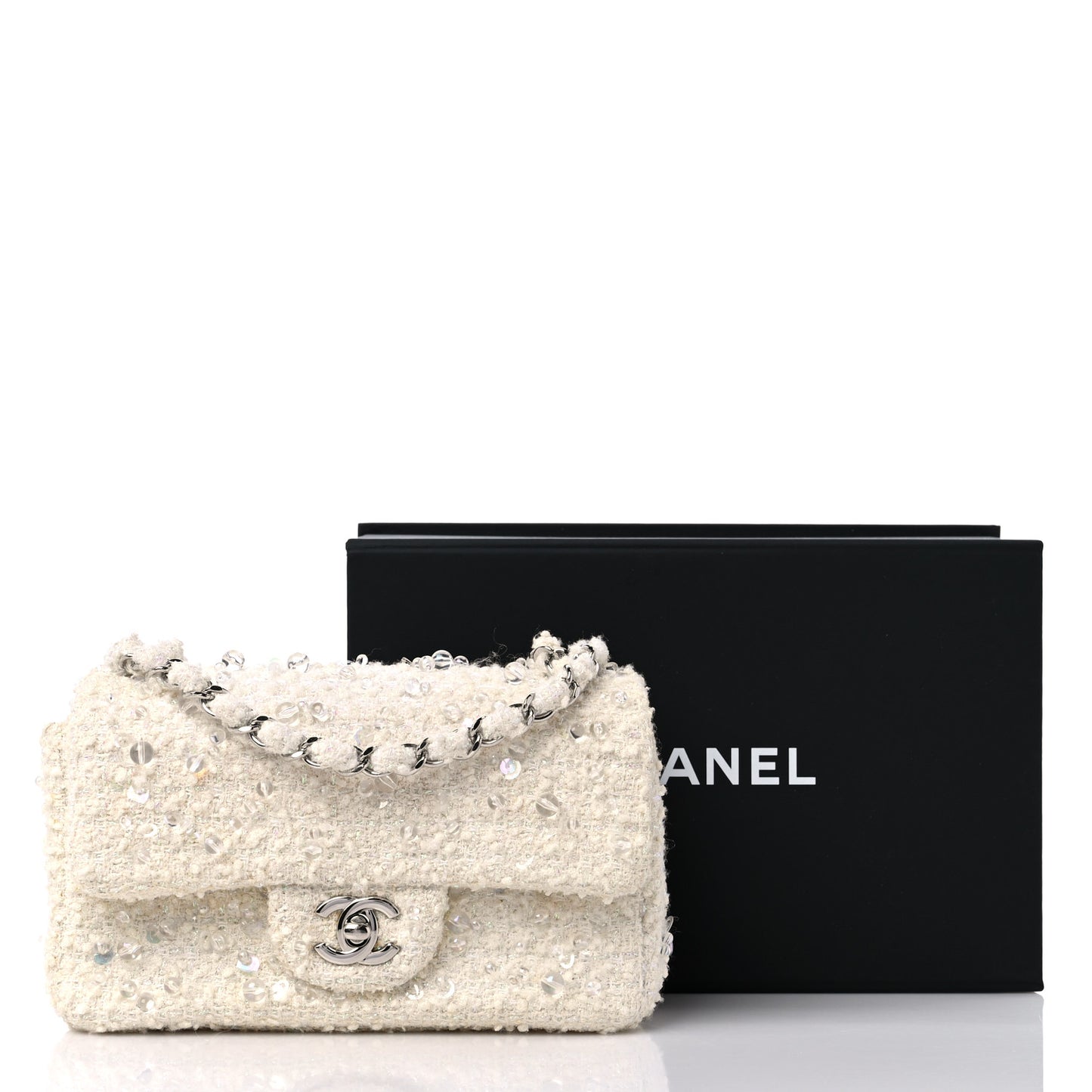 Tweed Beaded Mini Rectangular Flap White