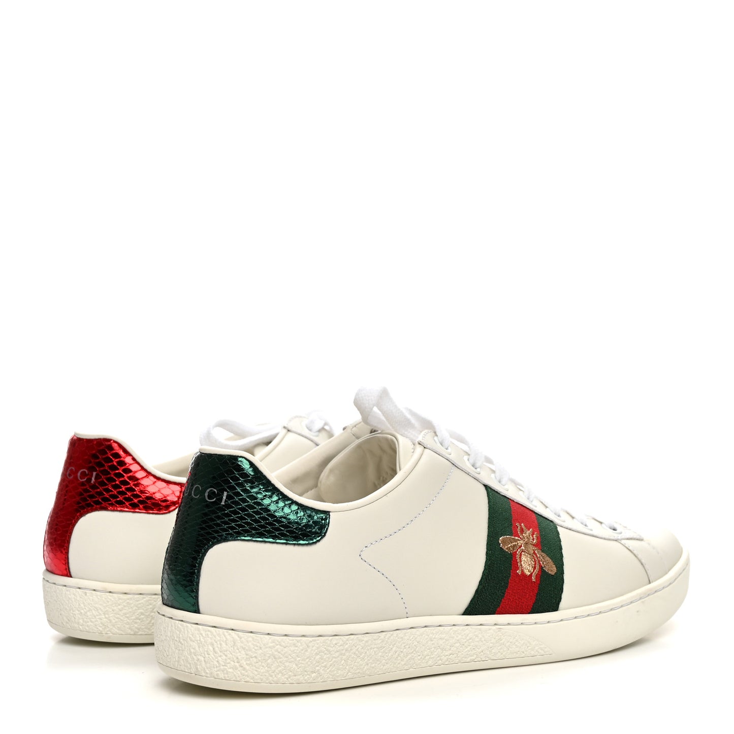 Calfskin Web Bee Embroidered Womens Ace Sneakers 37.5 White Green