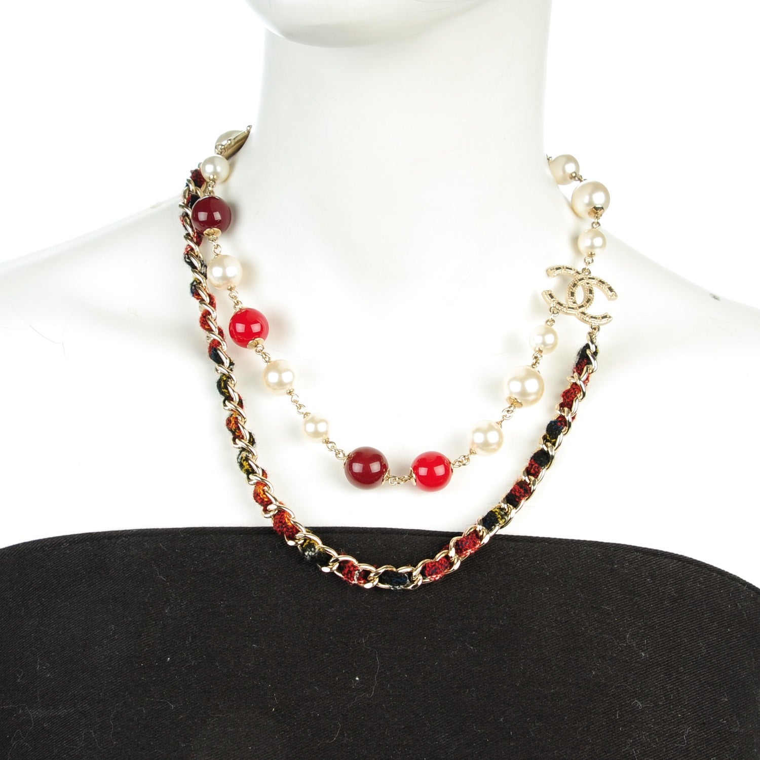 Chanel Tweed Pearl CC Beaded Necklace Red Gold 2 of 6