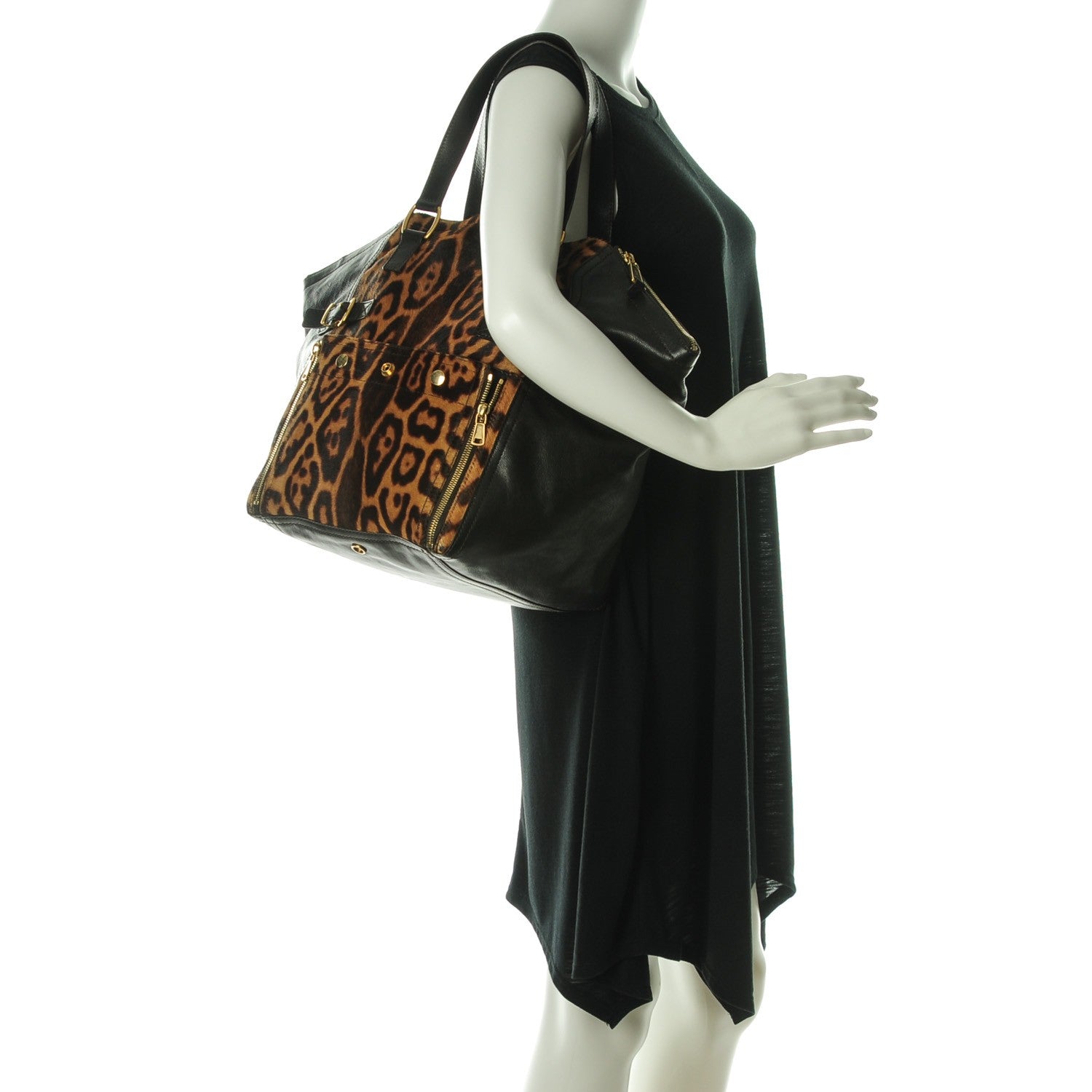 Saint Laurent Calfskin Leopard Print Pony Hair Medium Downtown Tote Dark Brown 2 of 8