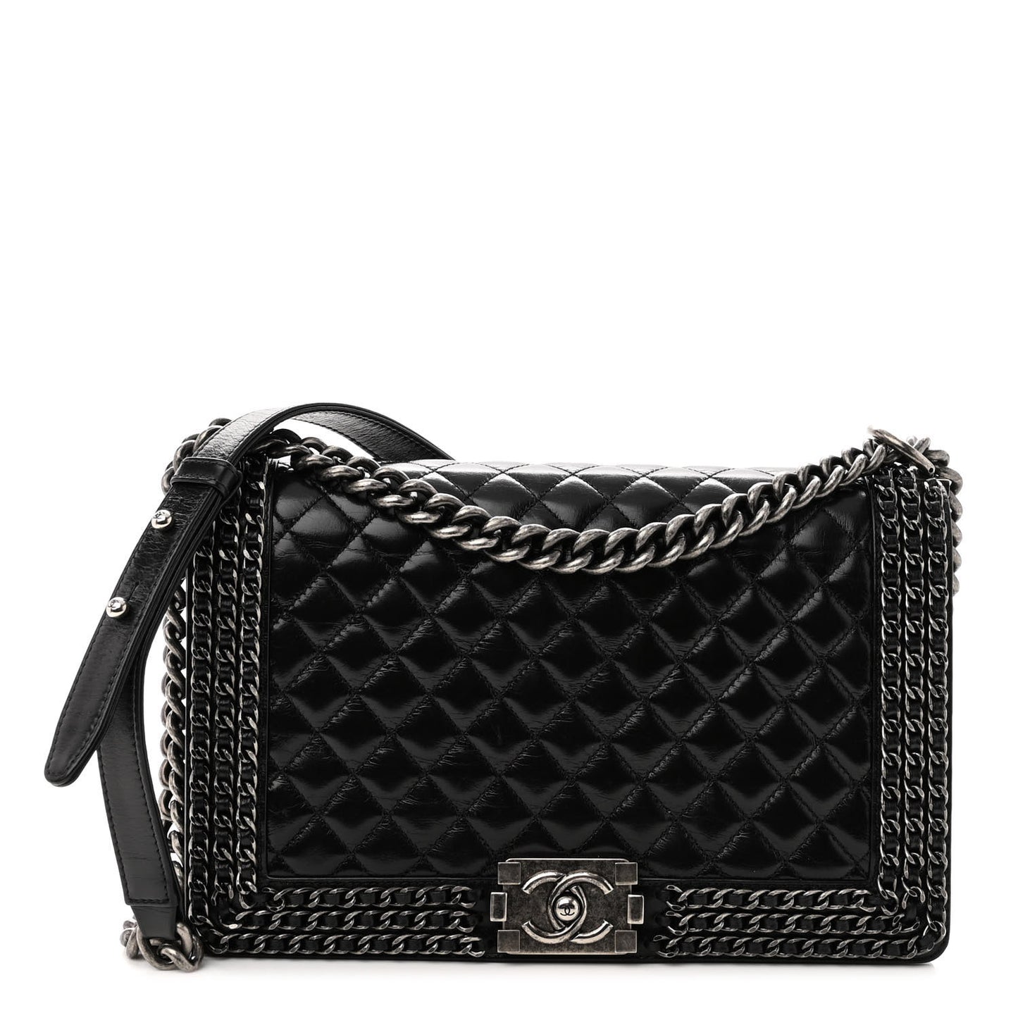 Glazed Calfskin Quilted New Medium Boy Chained Flap Black