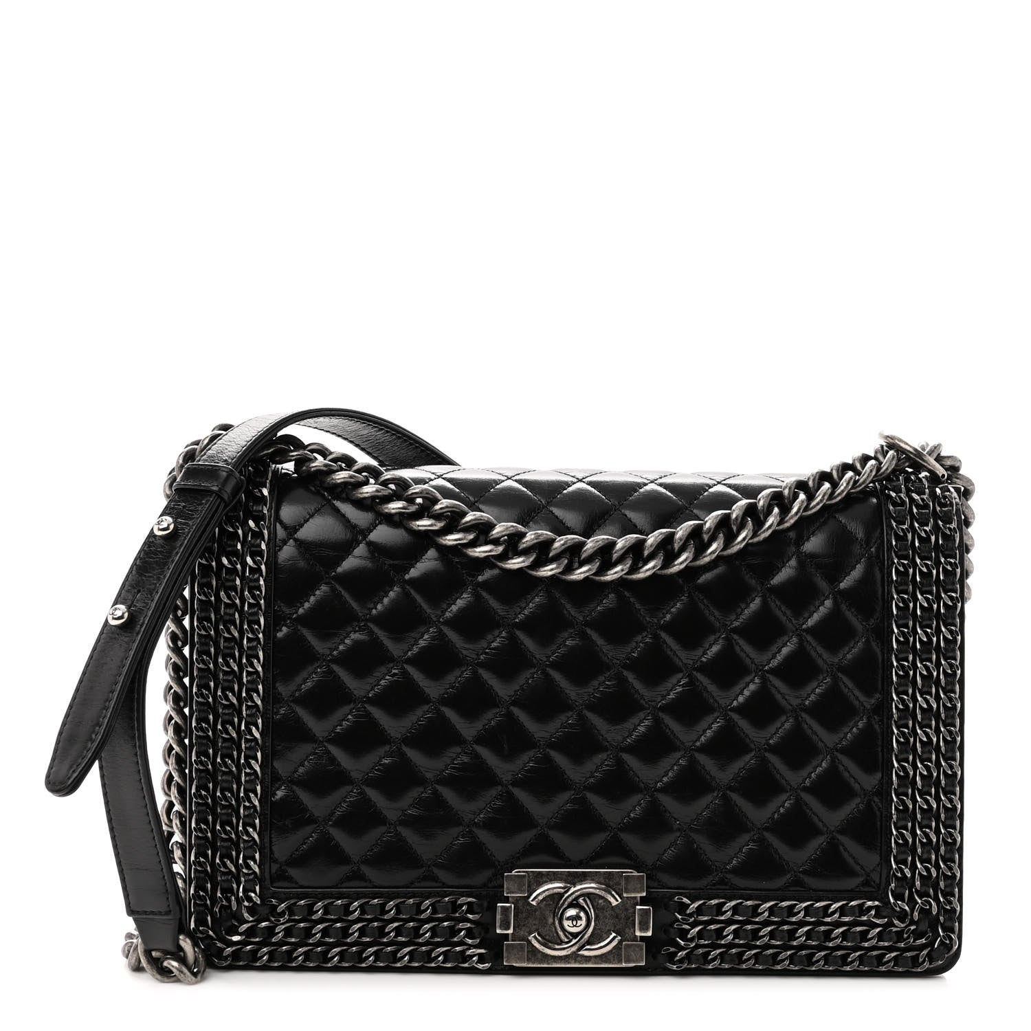 Chanel Glazed Calfskin Quilted New Medium Boy Chained Flap Black 1 of 11