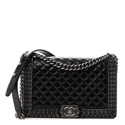 Chanel Glazed Calfskin Quilted New Medium Boy Chained Flap Black 1 of 11