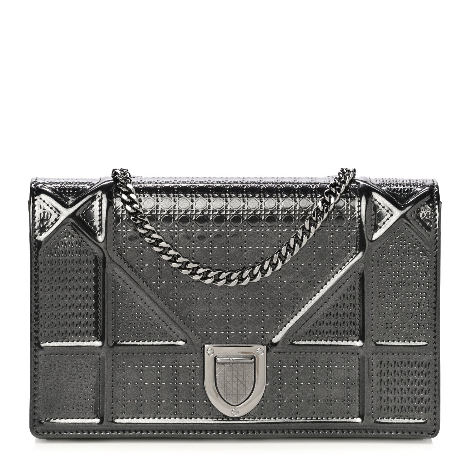 Christian Dior Metallic Patent Micro-Cannage Diorama Wallet on Chain Pouch Onyx Black 1 of 13