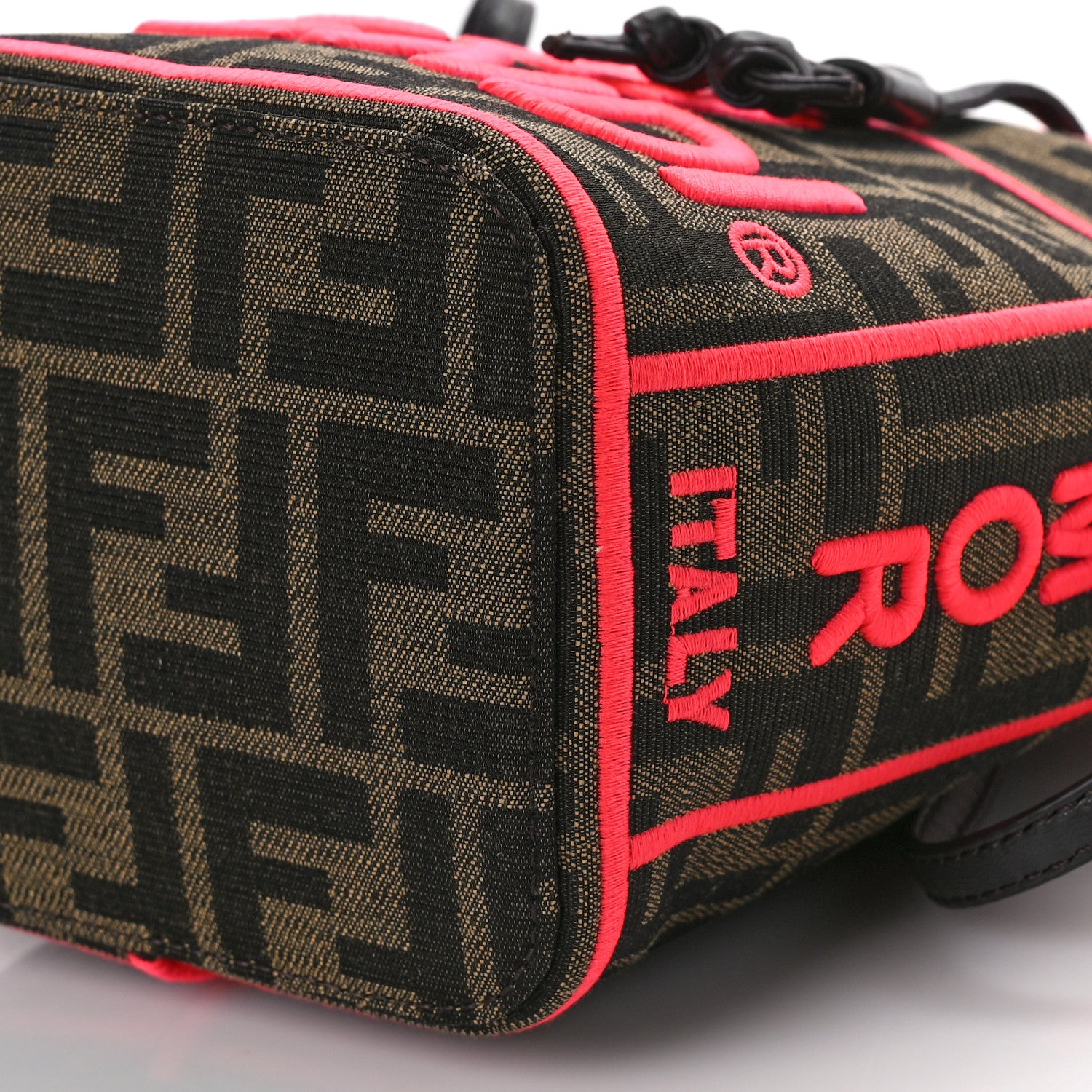 Fendi Fabric Jacquard Shiny Nappa FF 1974 Logo Threaded Edge Mini Mon Tresor Bucket Bag Tobacco Moro Fuxia Fluo 9 of 9