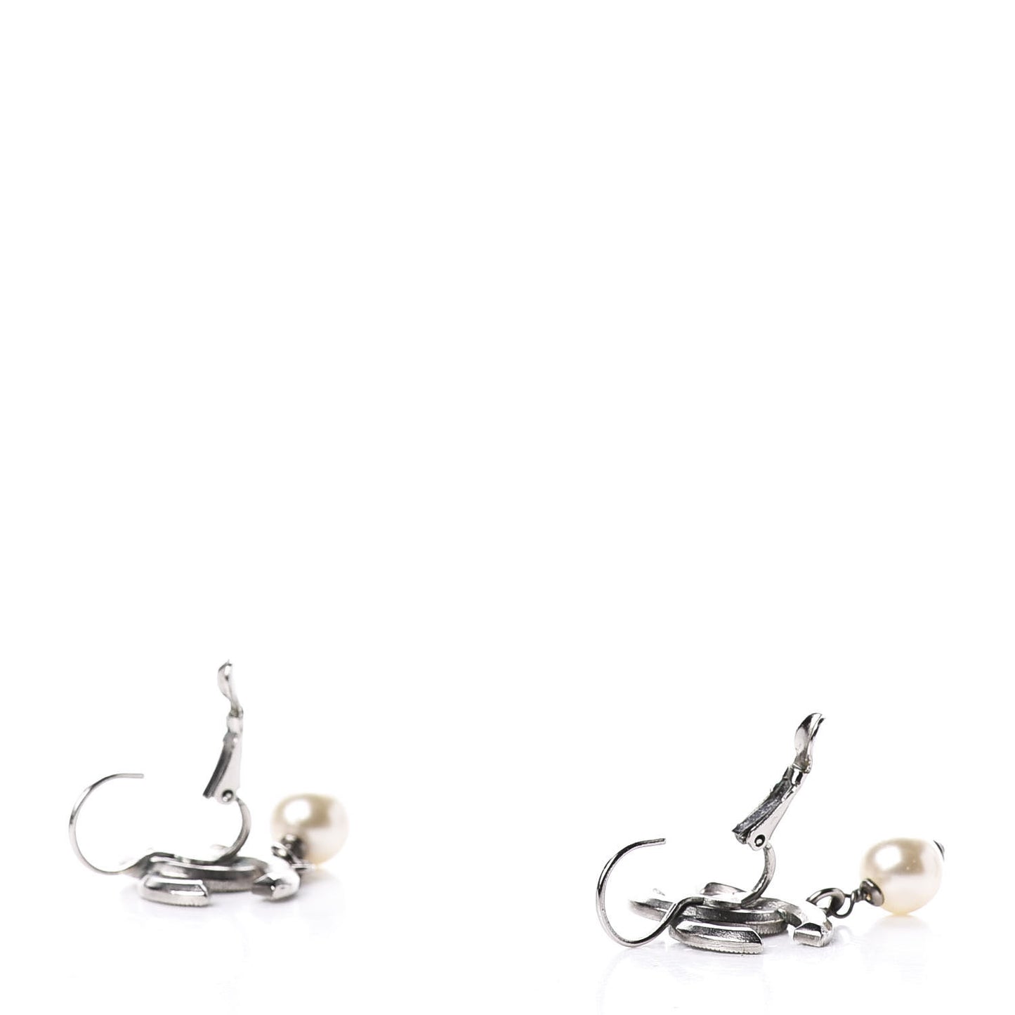 Baguette Crystal Pearl CC Drop Earrings Silver
