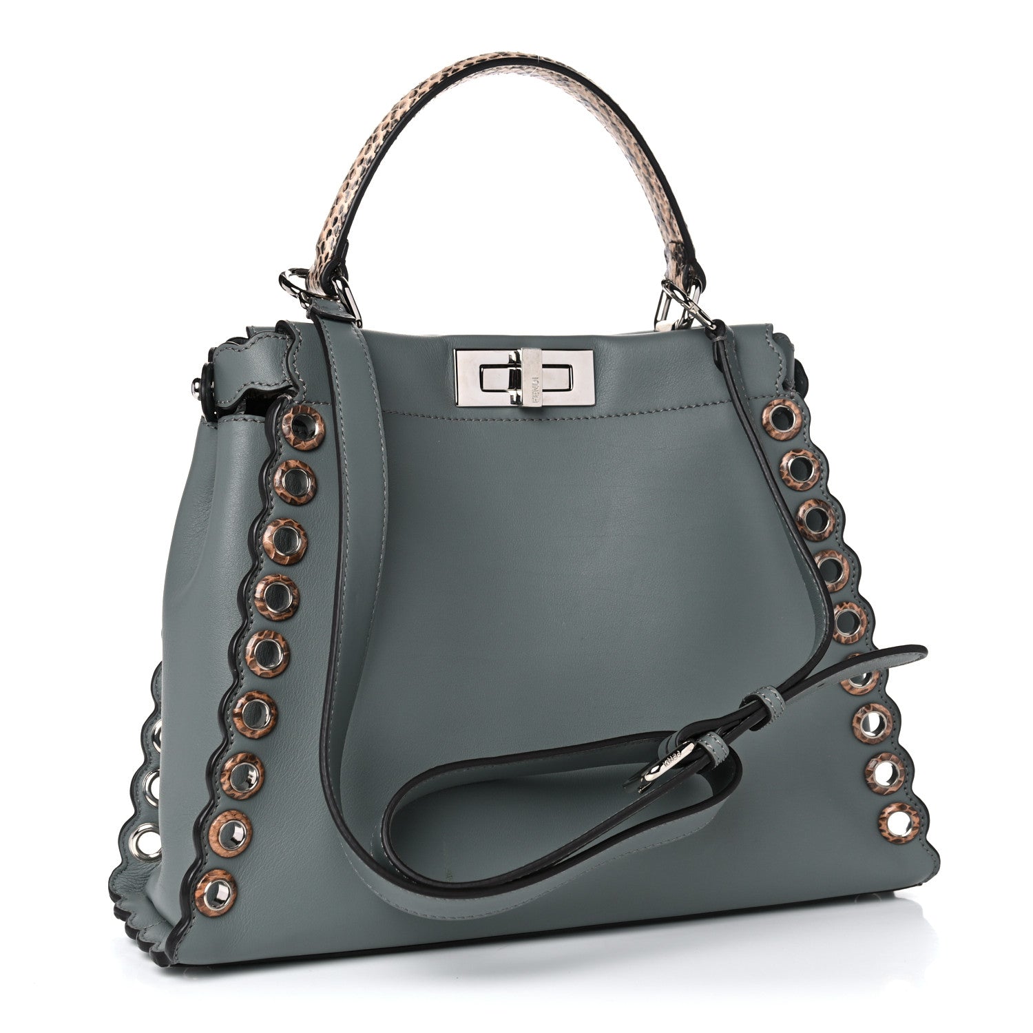 Fendi Vitello Seta Elaphe Nappa Grommet Medium Peekaboo Iconic Satchel Grey 2 of 14