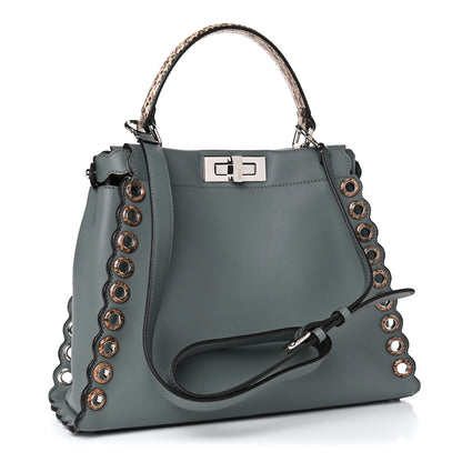 Fendi Vitello Seta Elaphe Nappa Grommet Medium Peekaboo Iconic Satchel Grey 2 of 14