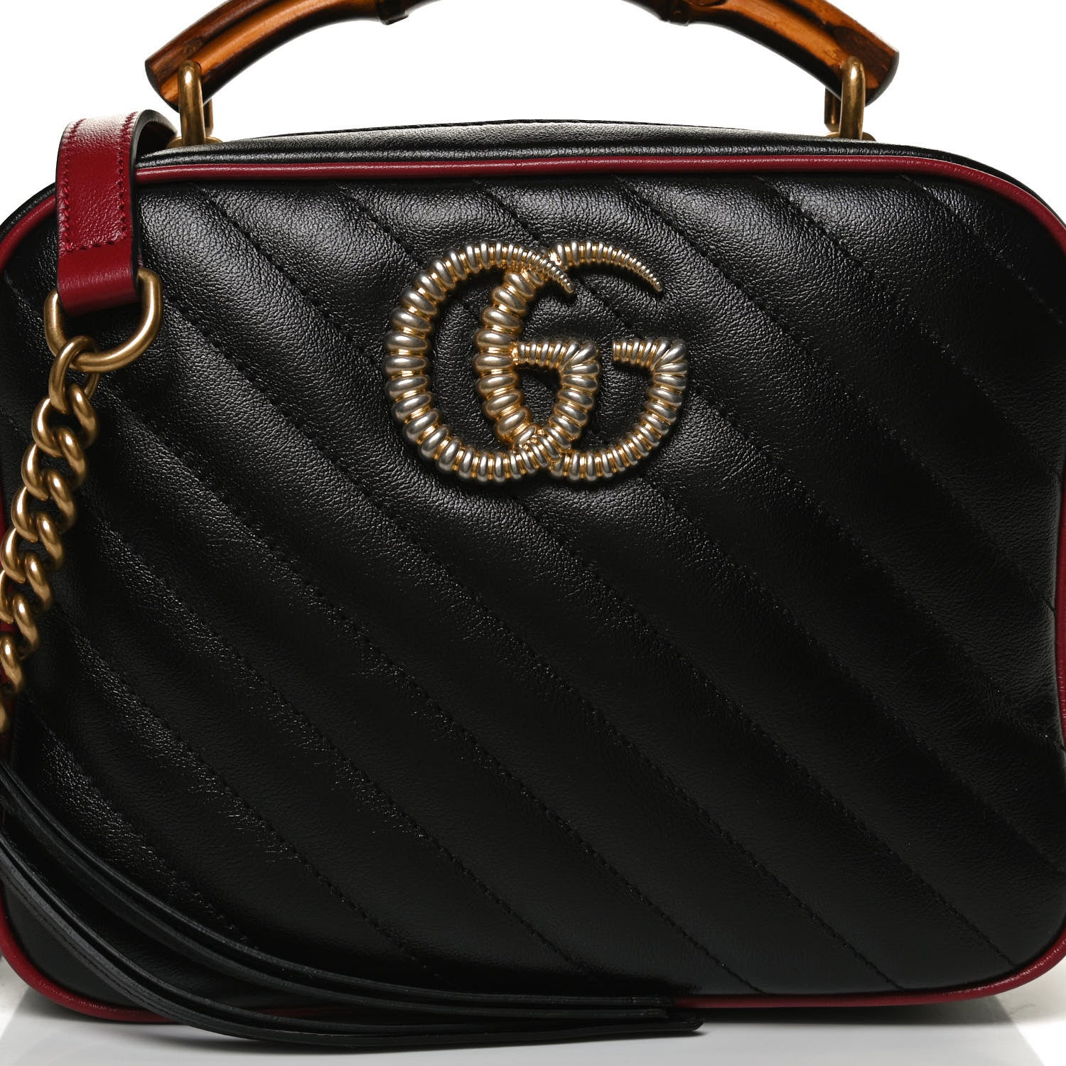 Gucci Vintage Effect Calfskin Matelasse Diagonal Small Torchon GG Marmont Bamboo Top Handle Shoulder Bag Black Romantic Cherry 9 of 11