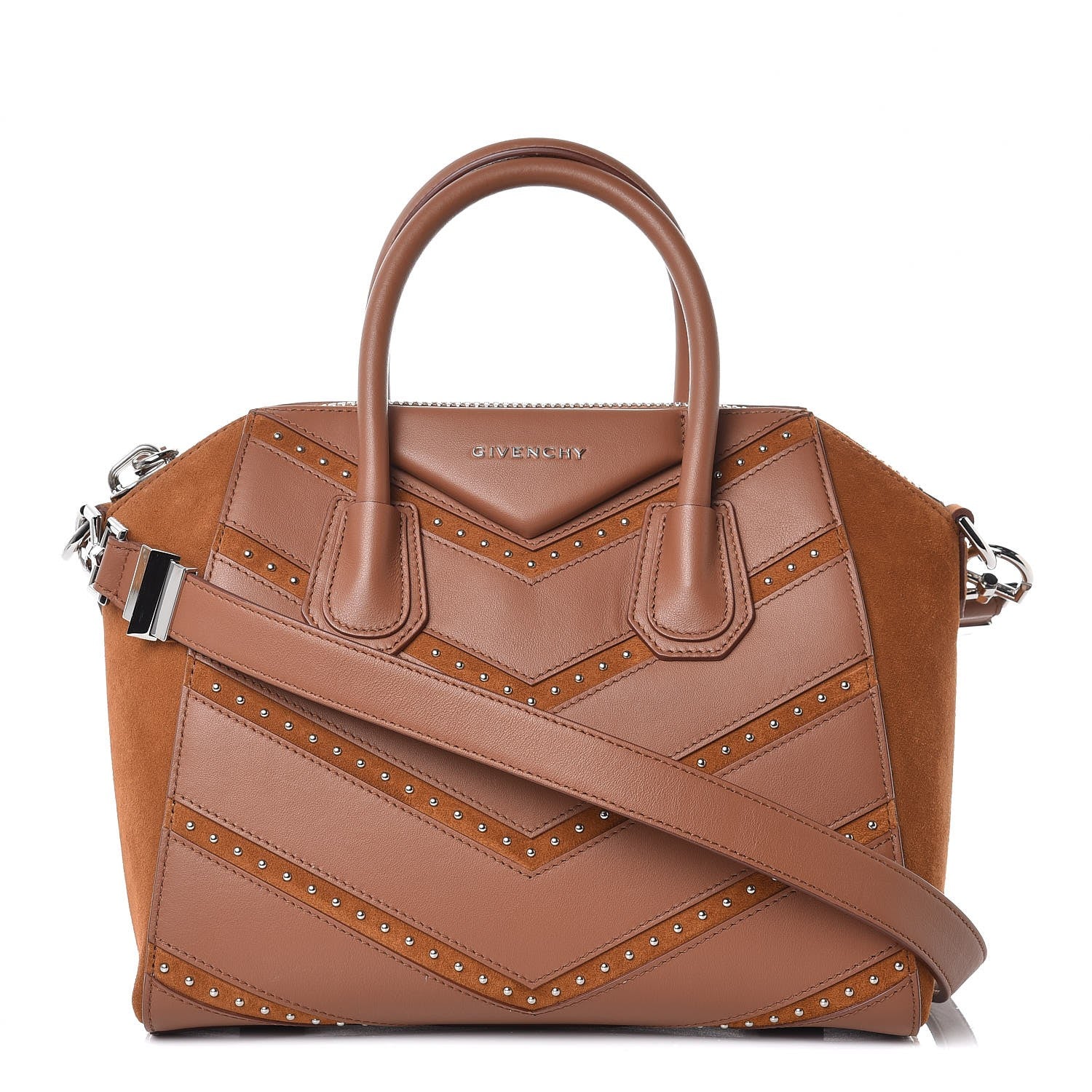 Givenchy Calfskin Suede Small Studded Chevron Antigona Cognac 1 of 10