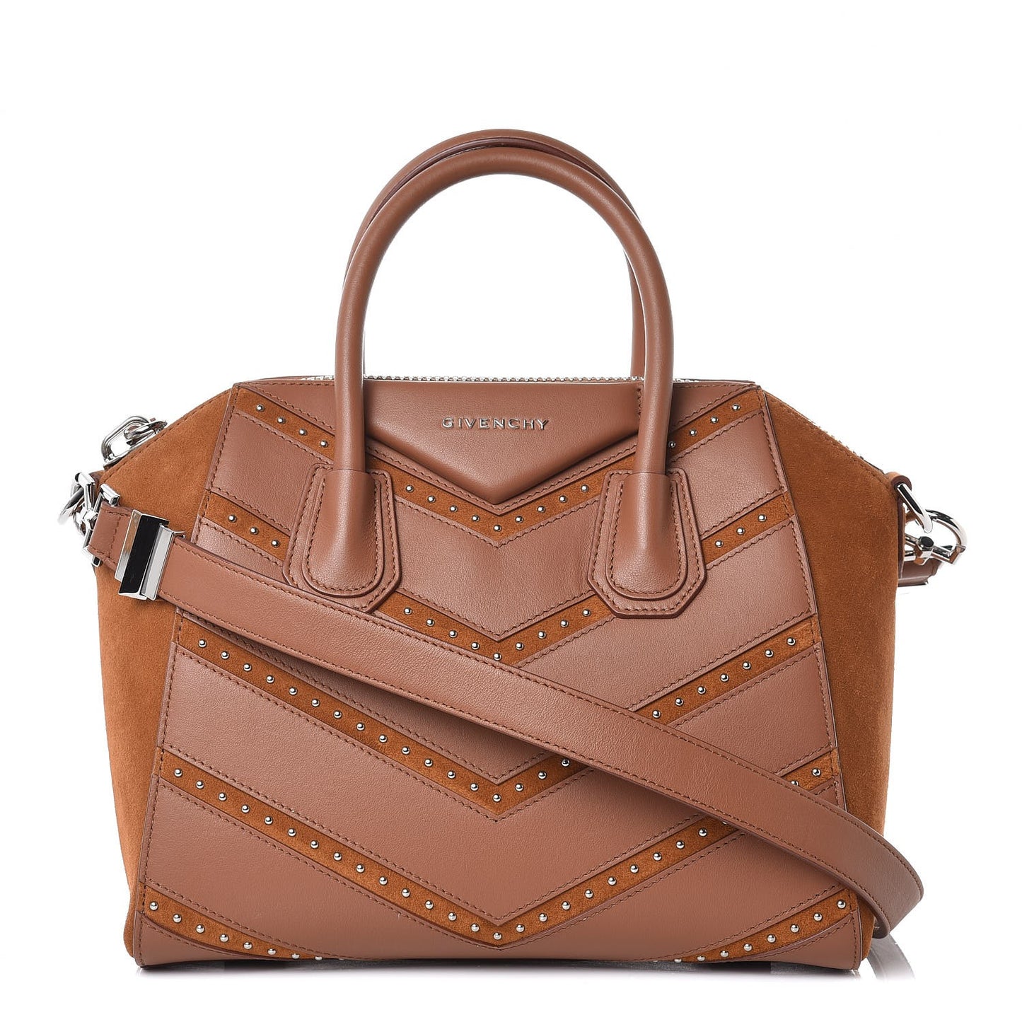 Calfskin Suede Small Studded Chevron Antigona Cognac