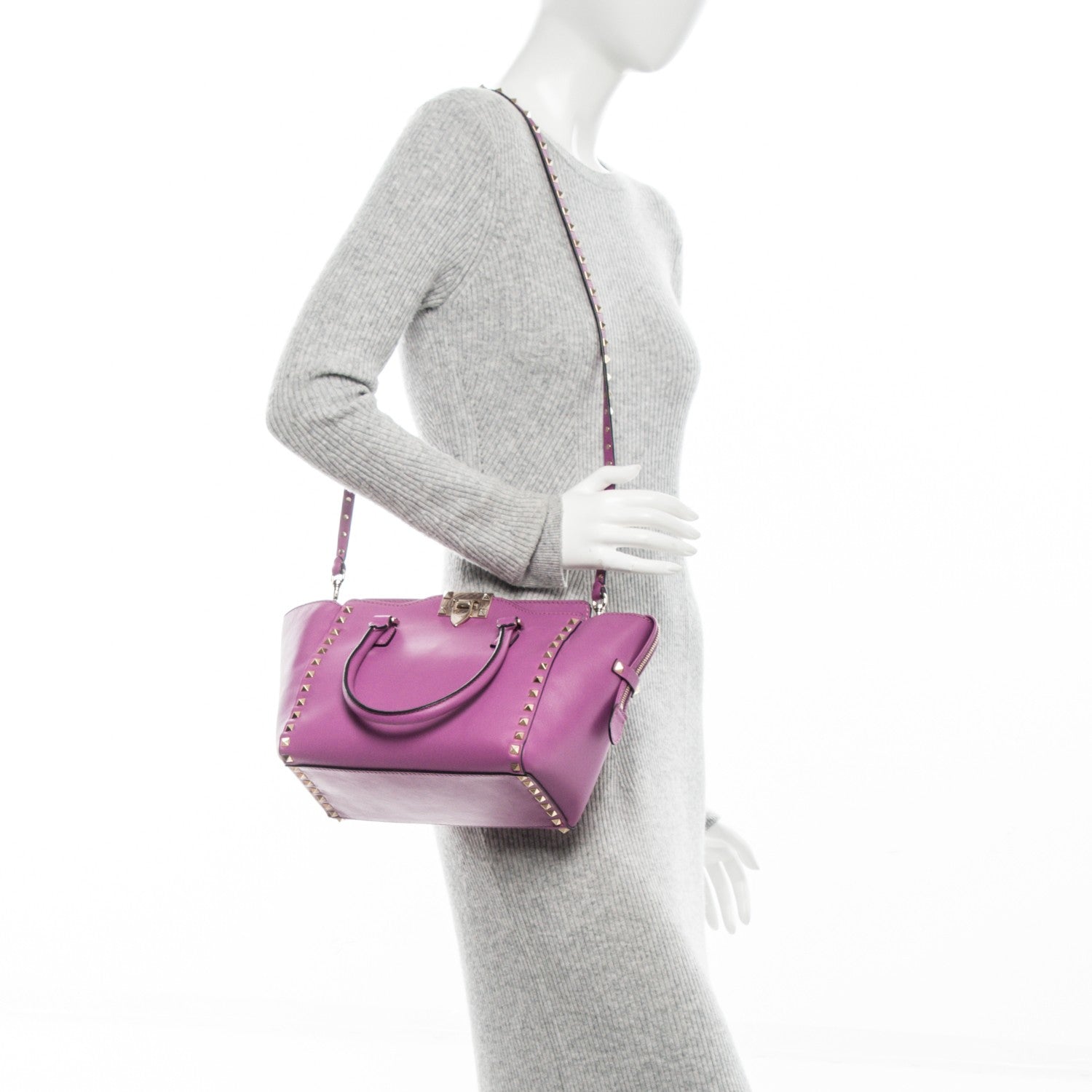 Valentino Garavani Vitello Small Rockstud Double Handle Tote Purple Violet 2 of 6