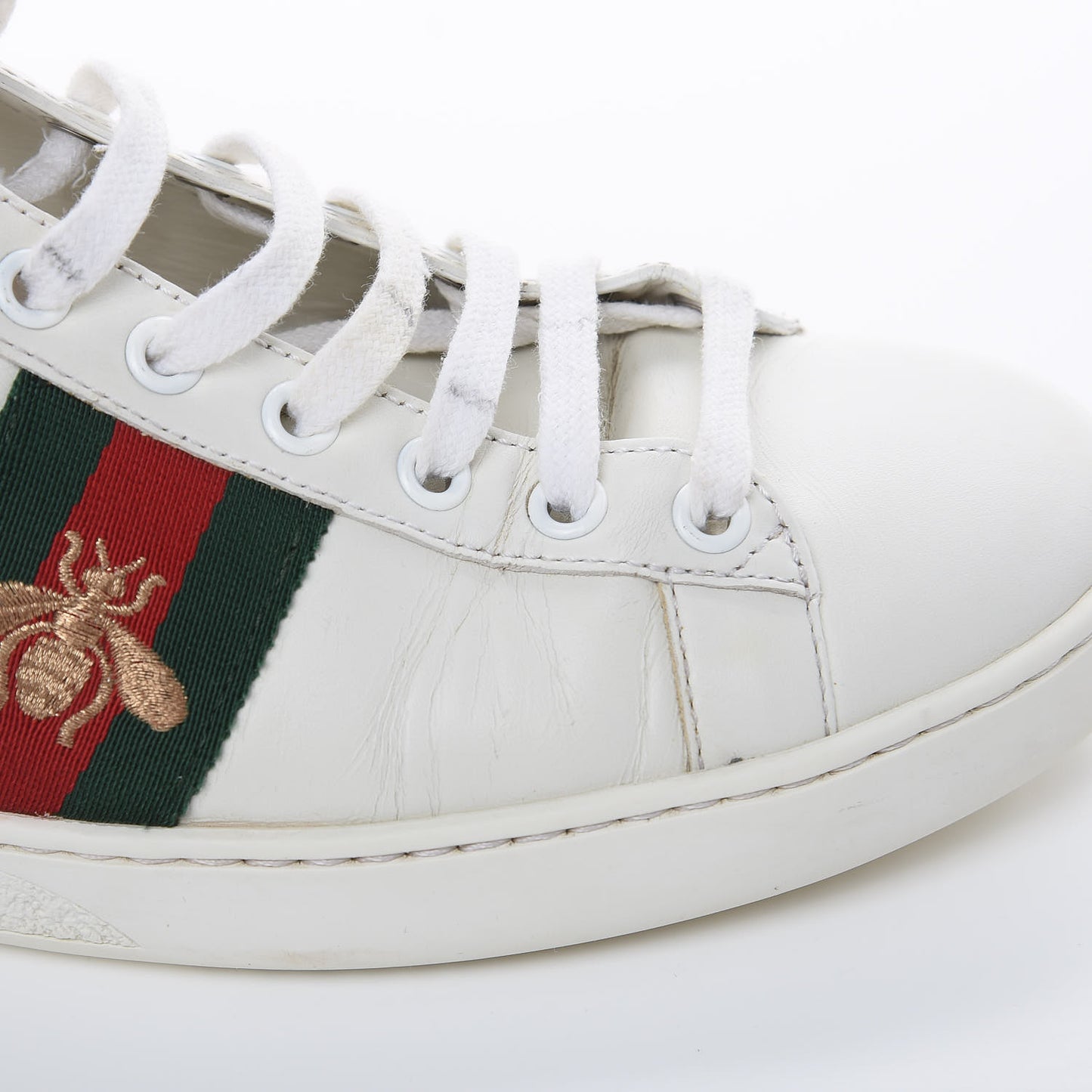 Calfskin Web Bee Embroidered Womens Ace Sneakers 38 White Green