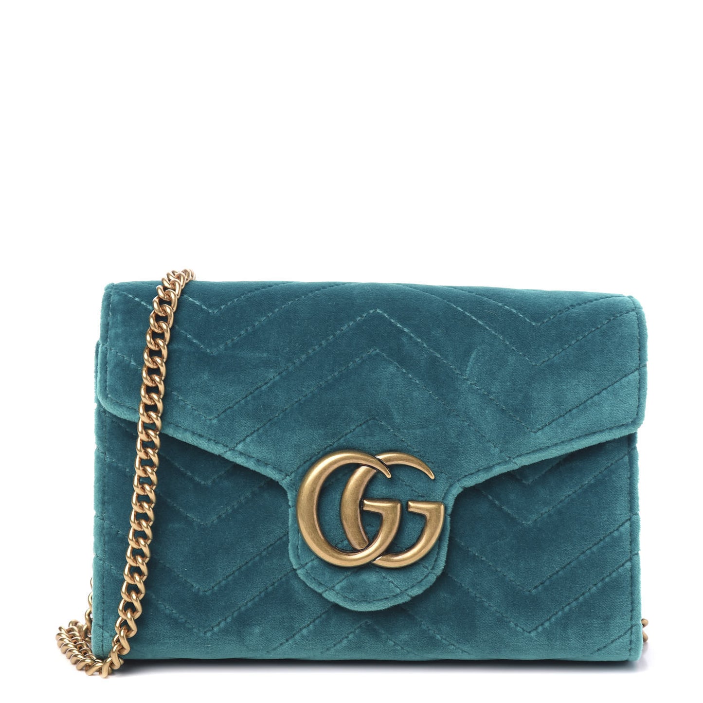 Velvet Matelasse GG Marmont Chain Wallet Pavone Cyan