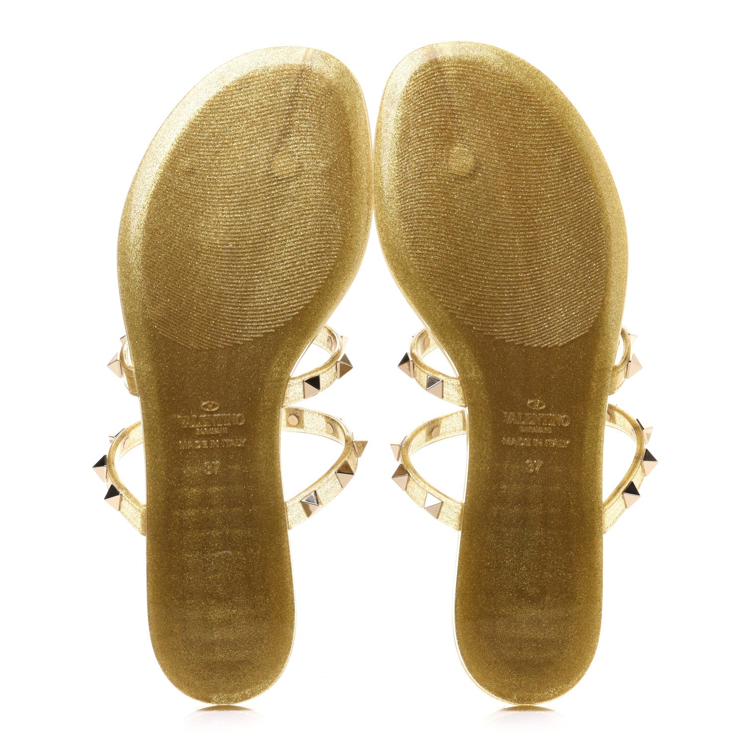 Valentino Garavani PVC Jelly Glitter Rockstud Caged Flat Thong Sandals 37 Oro 5 of 8