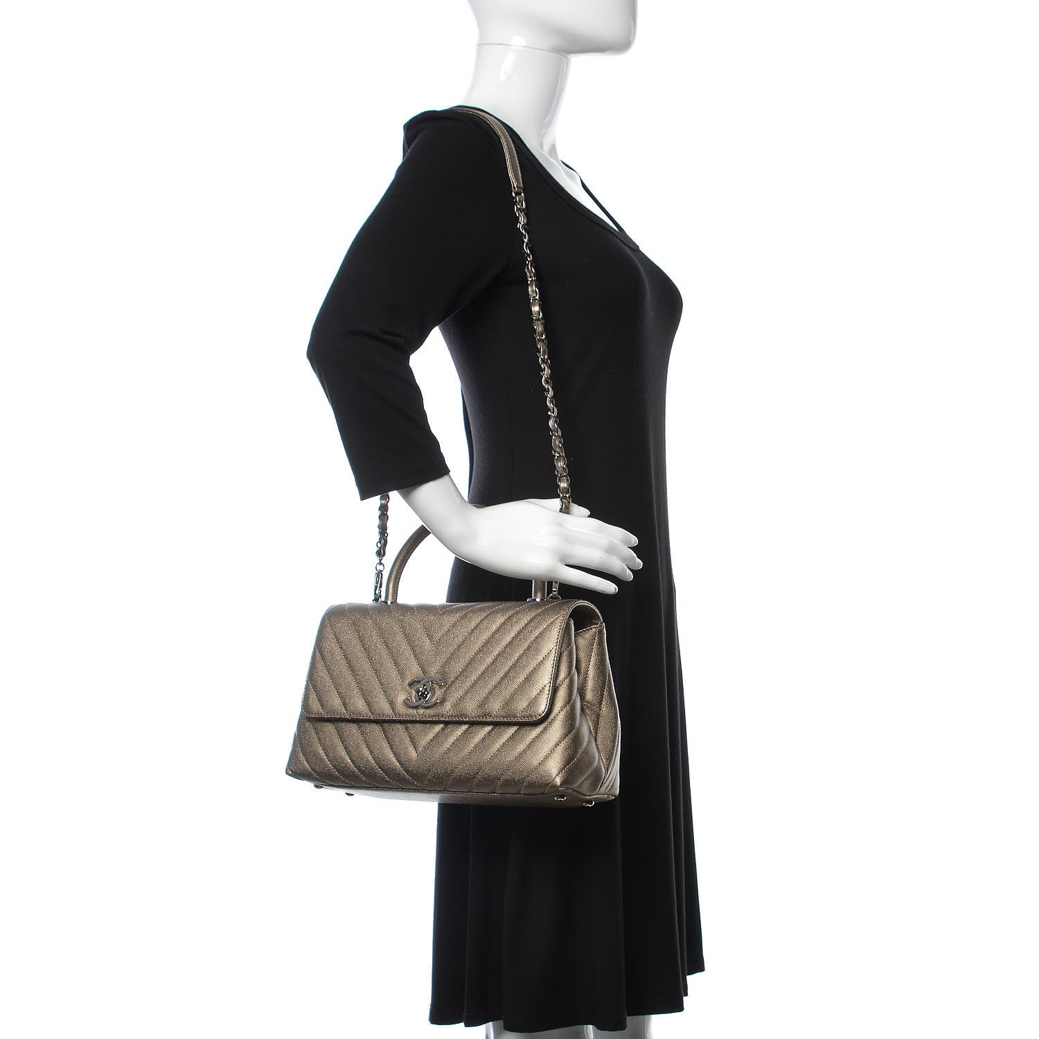 Chanel Metallic Caviar Chevron Quilted Small Coco Handle Flap Light Gold 2 of 10