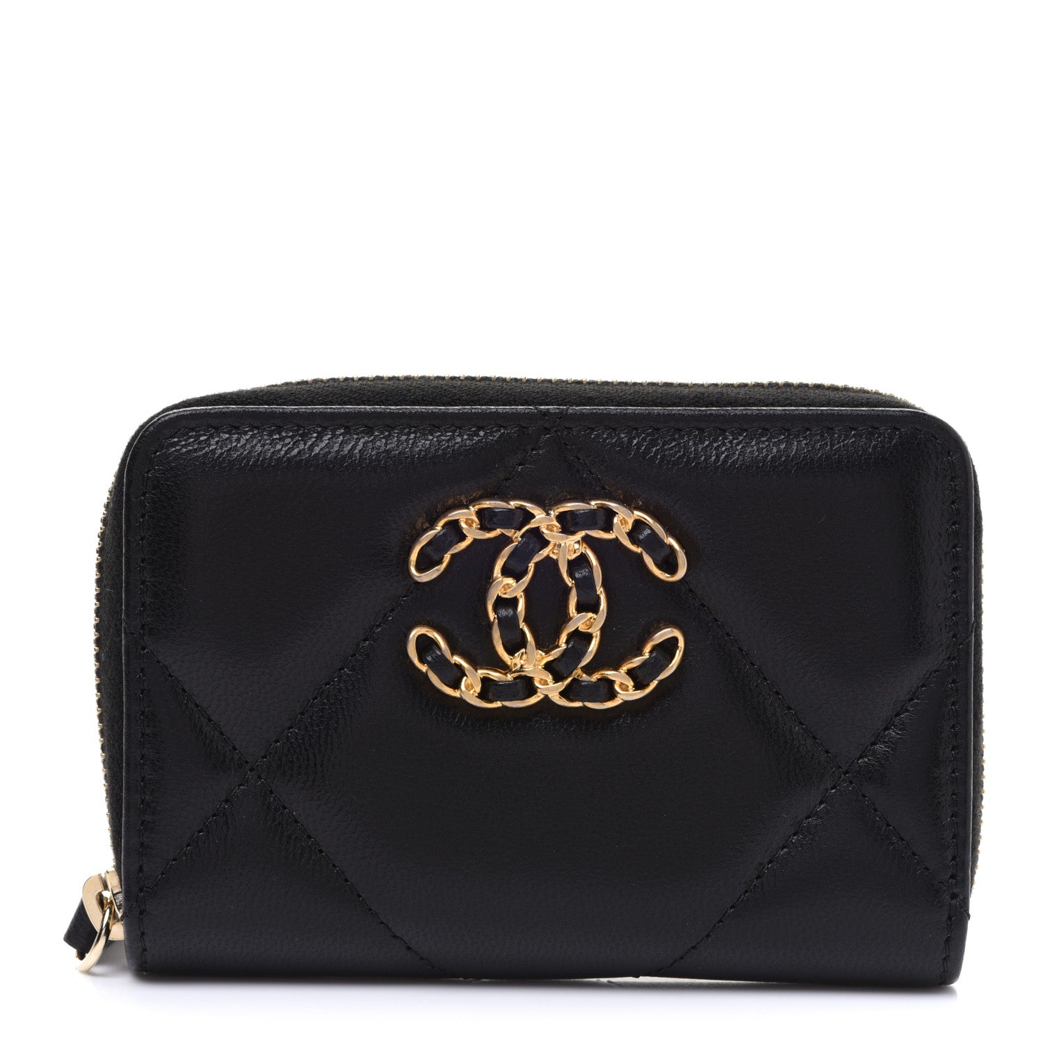 Chanel Goatskin Quilted Chanel 19 Zip Around Coin Purse Wallet Black 1 of 8