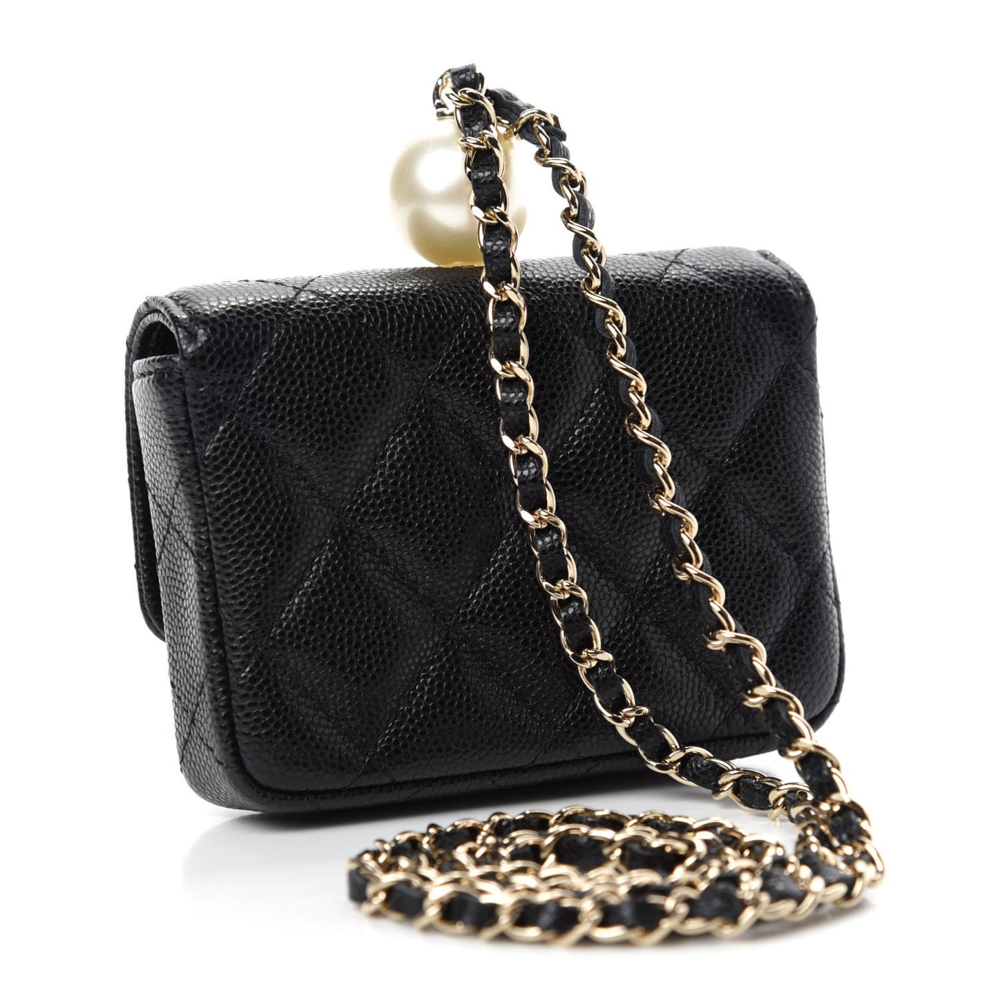 Caviar Quilted Pearl Card Holder On Chain Black
