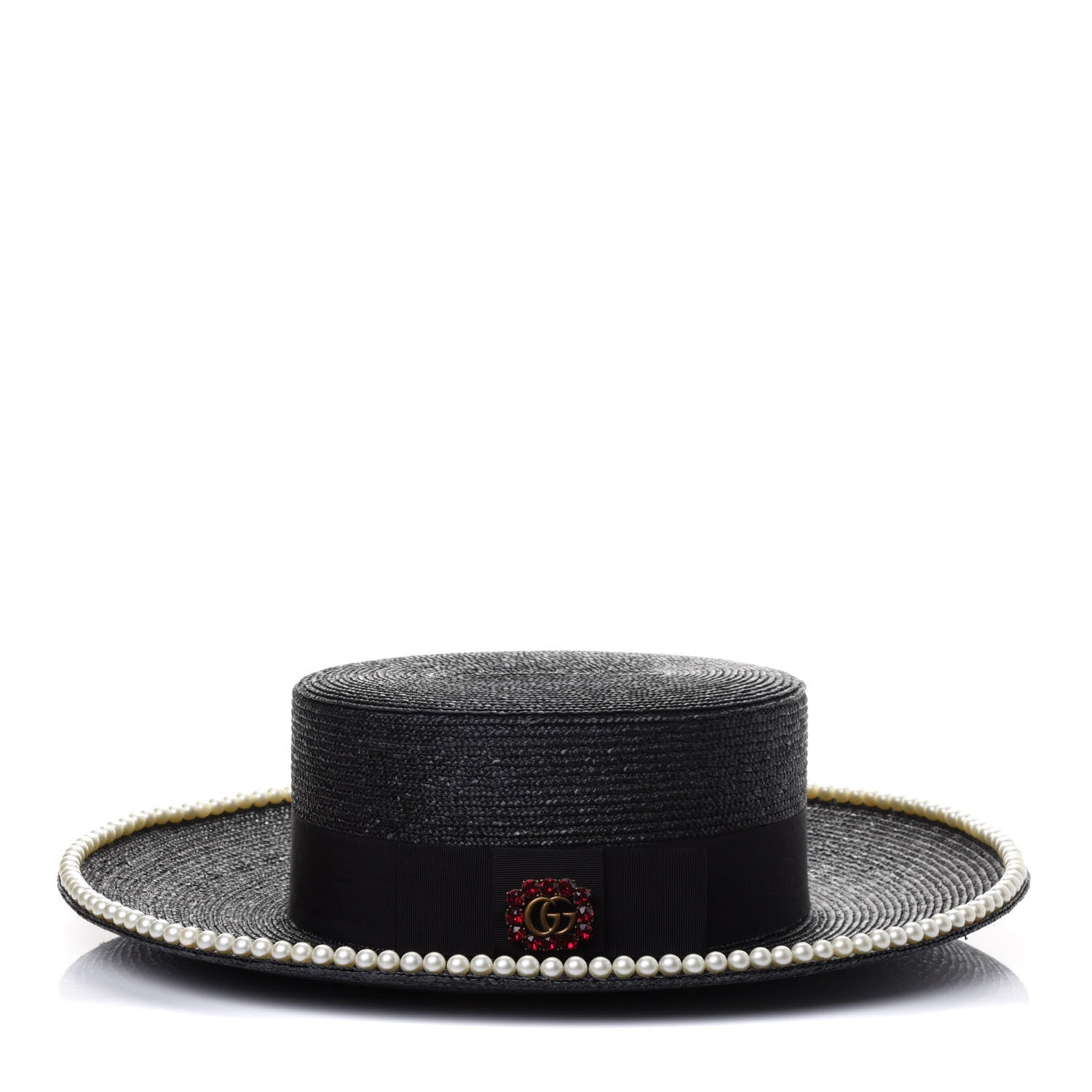 Gucci Straw Pearl Embellished Notte Hat M 57 Black 1 of 4