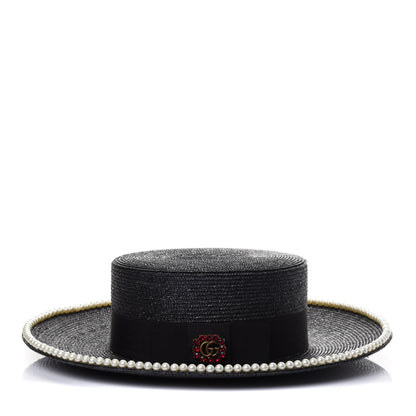 Gucci Straw Pearl Embellished Notte Hat M 57 Black 1 of 4