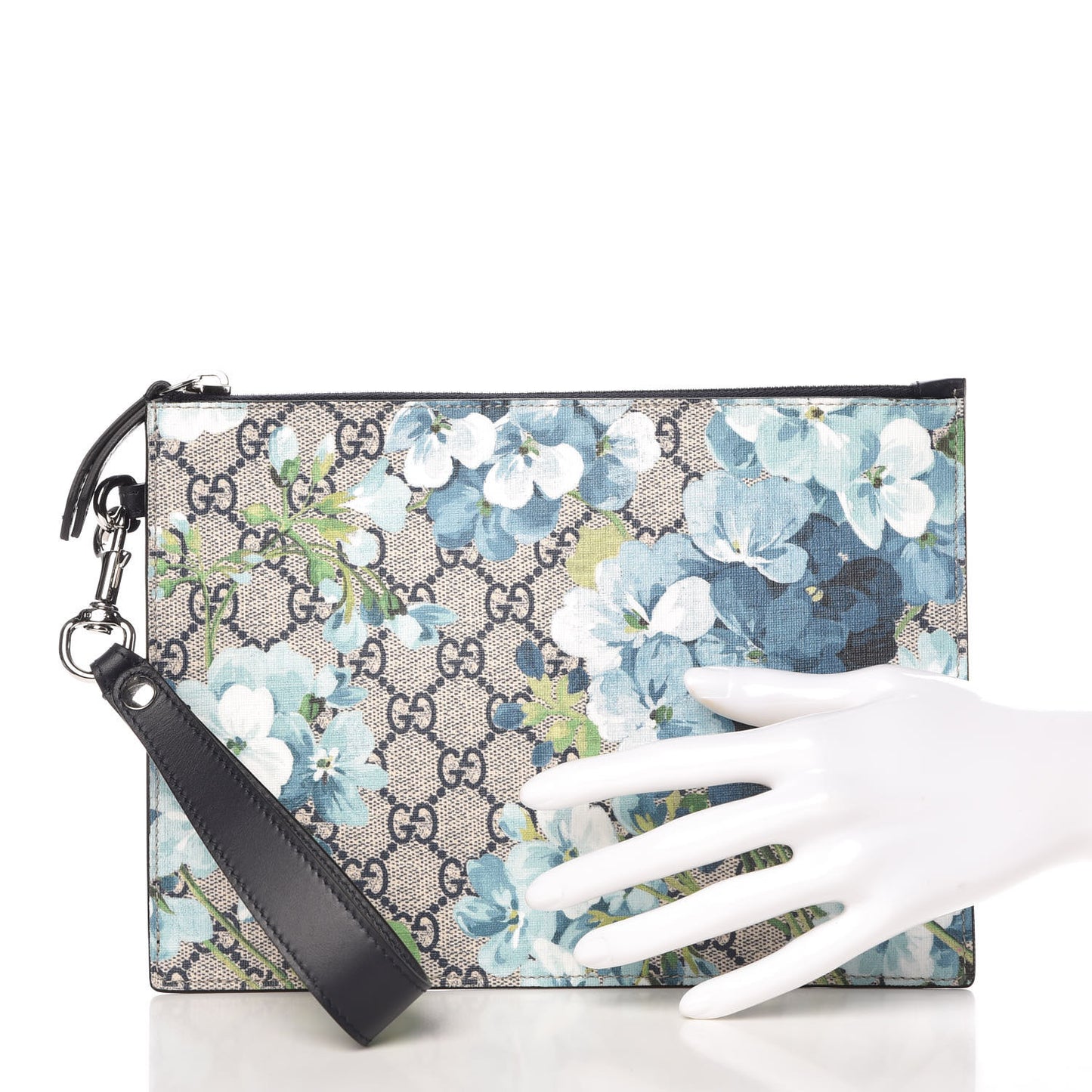 GG Supreme Monogram Blooms Small Zip Wristlet Pouch Beige Blue Black