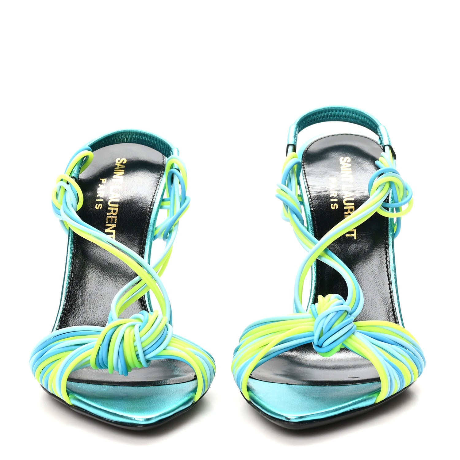 Saint Laurent Metallic Calfskin Gippy 105 Sandals 35.5 Cerulean Giallo Fluo 3 of 9