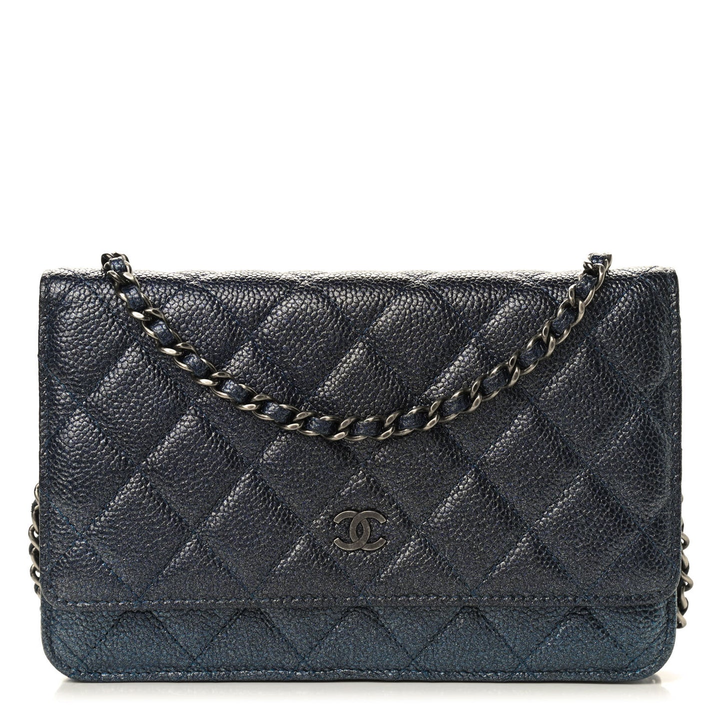 Metallic Caviar Quilted Wallet On Chain WOC Charcoal