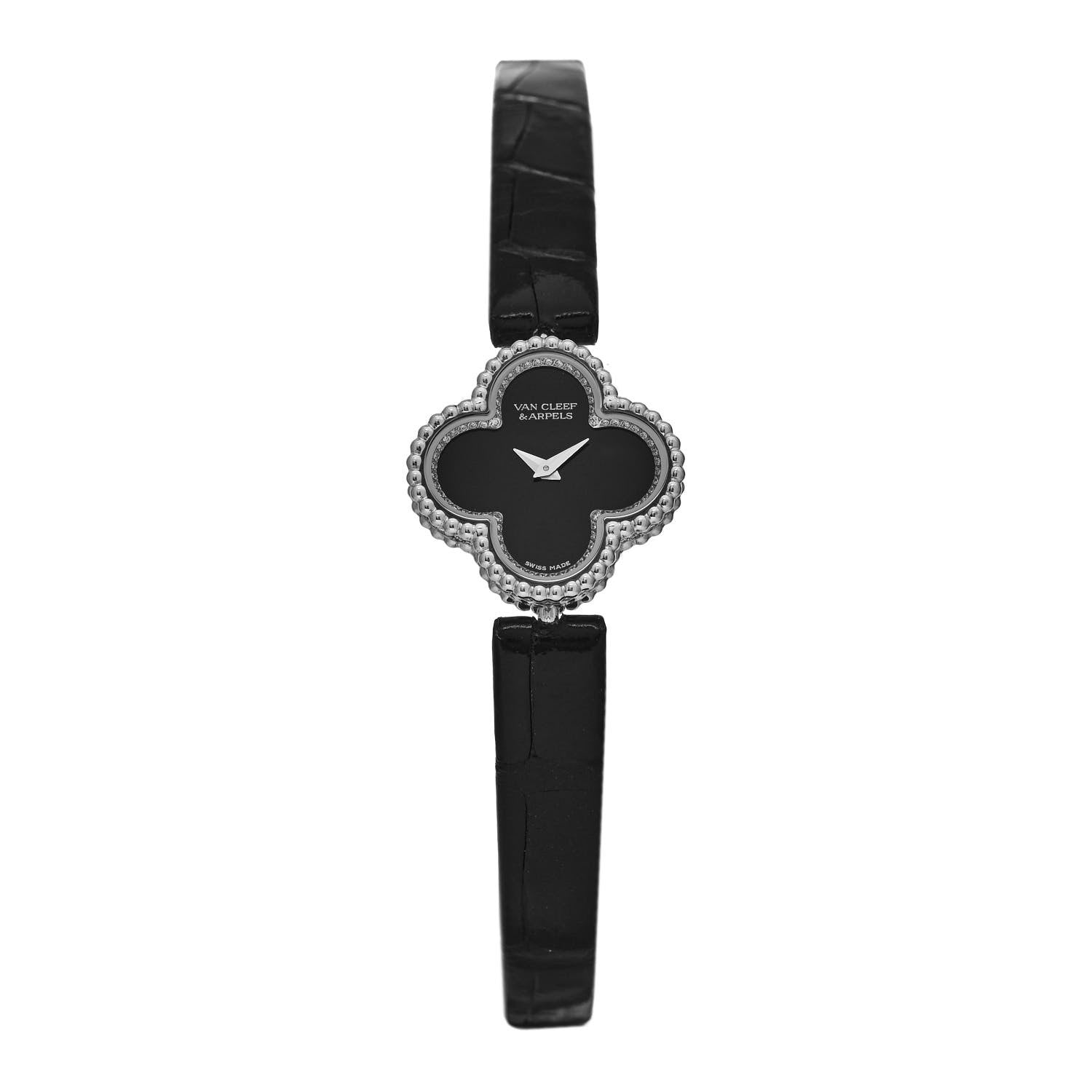 VAN CLEEF & ARPELS 18K White Gold Alligator Diamond Bezel 23mm Sweet Alhambra Quartz Watch in the color Black by FASHIONPHILE