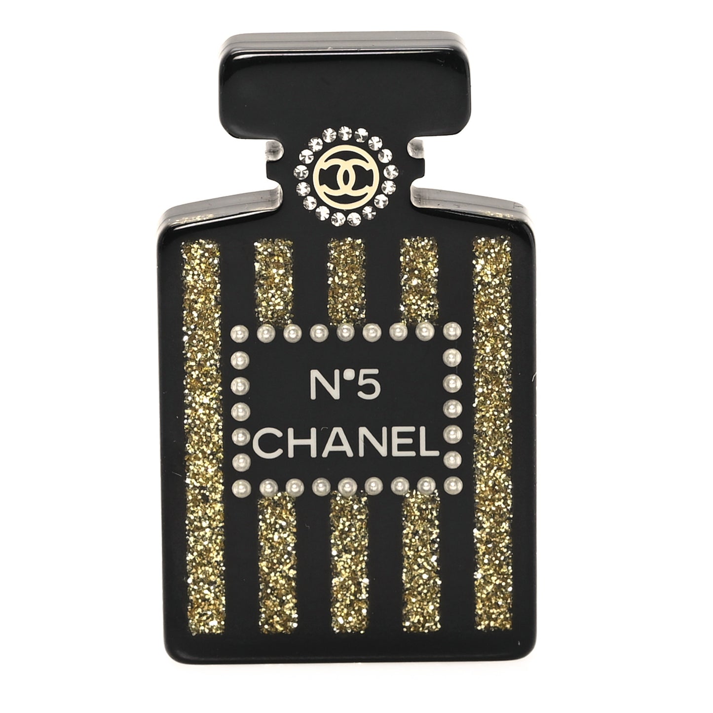 Resin Strass Perfume Bottle CC Brooch Black Gold