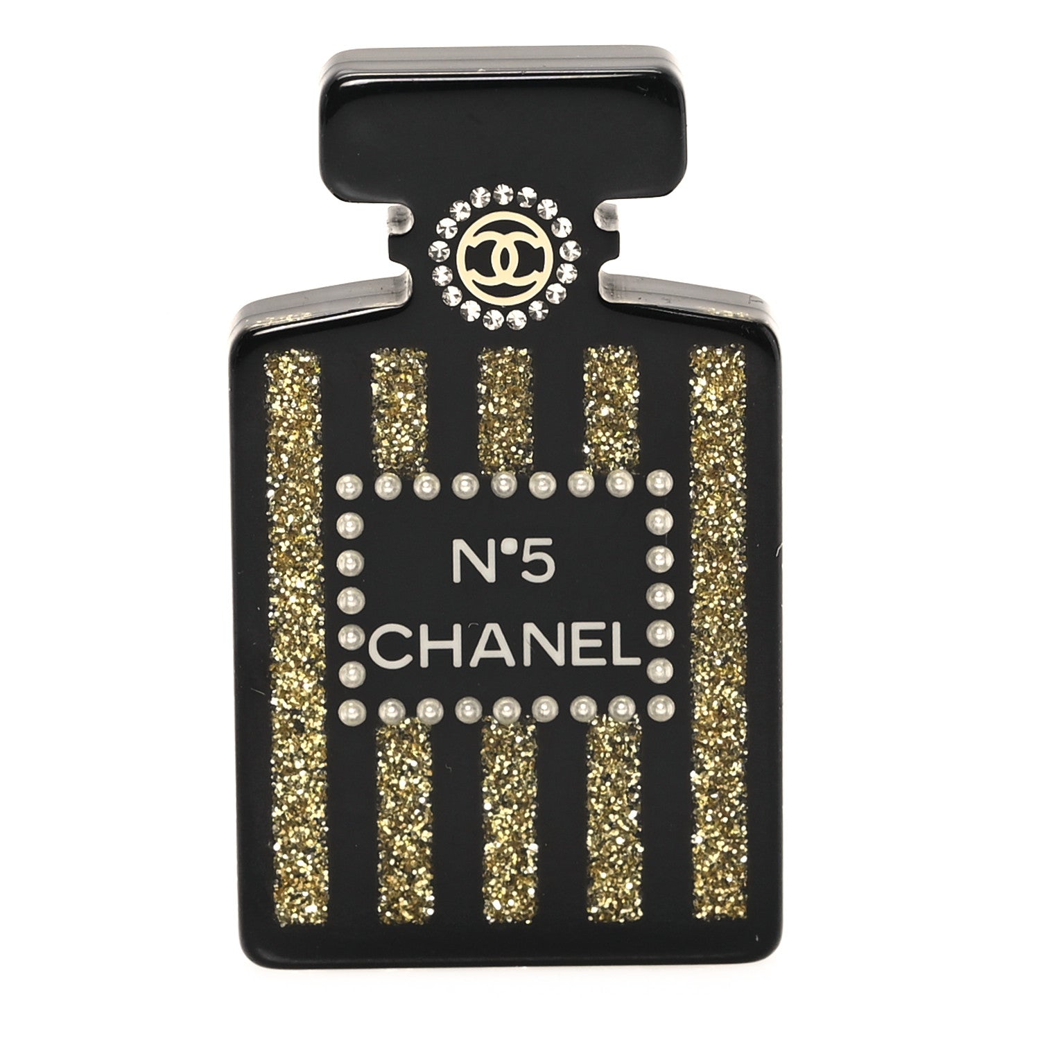 Chanel Resin Strass Perfume Bottle CC Brooch Black Gold 1 of 4