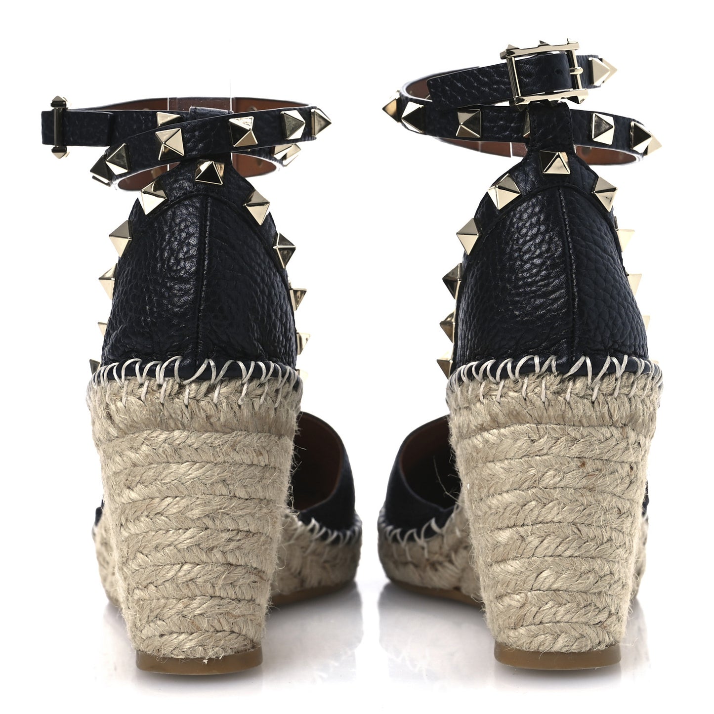 Grained Calfskin Rockstud Ankle Wrap Espadrille 15/85mm Wedges 38 Black Light Cuir