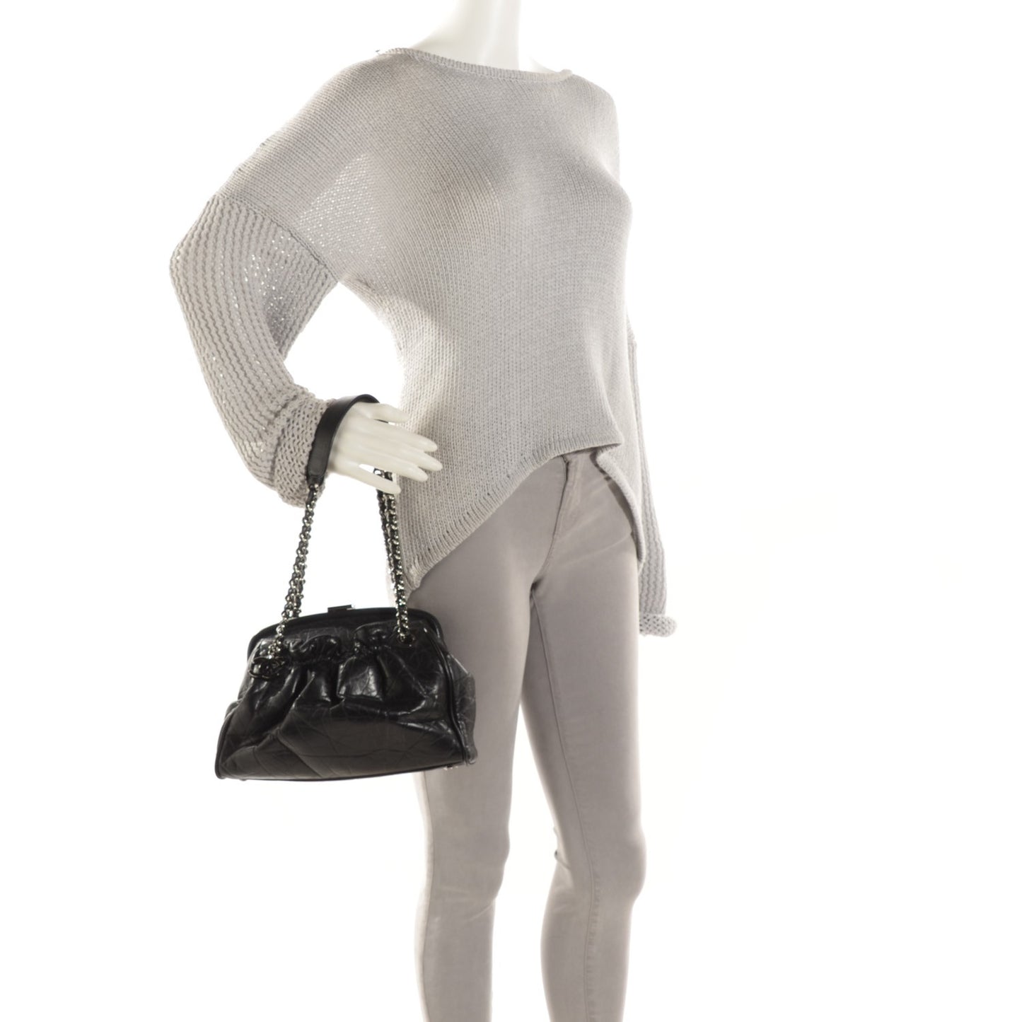 Distressed Lambskin Paris NY Framed Pleated Pouch Bag Black