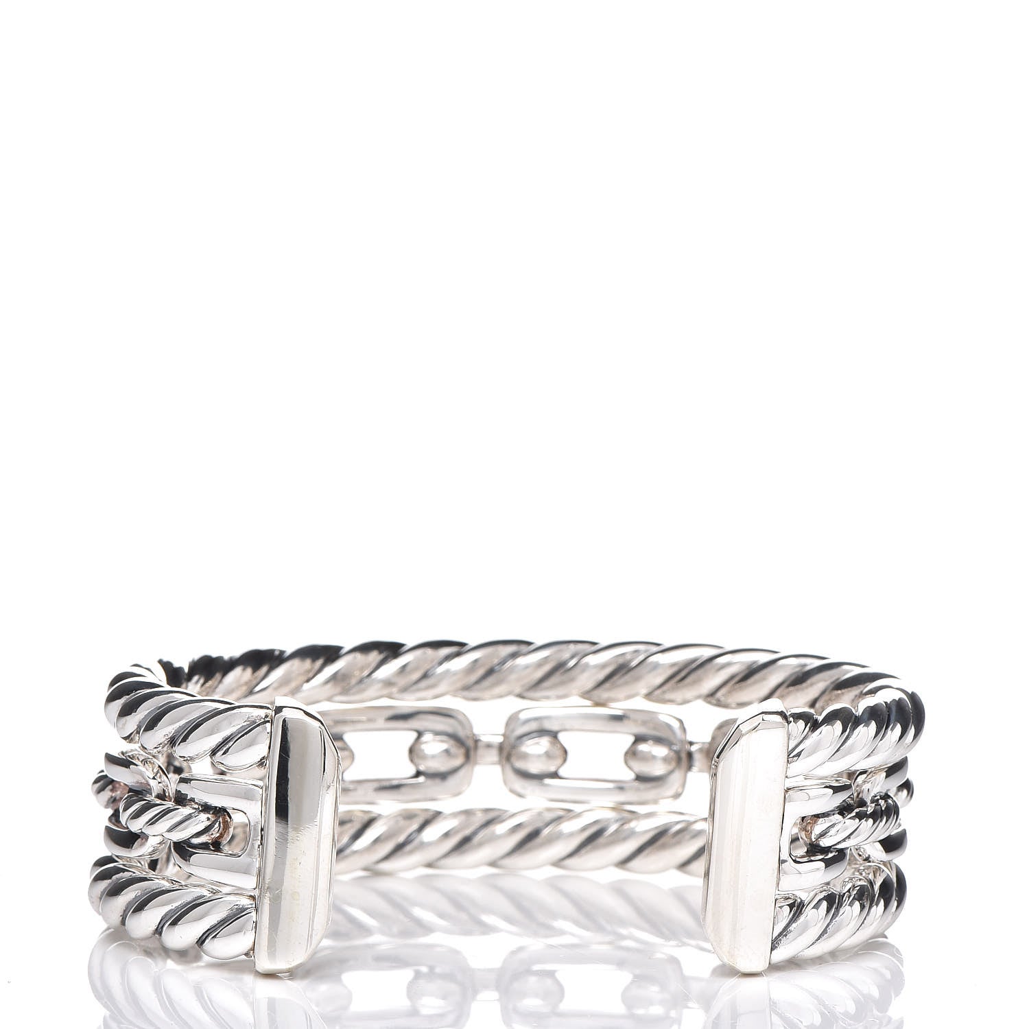 David Yurman Sterling Silver Diamond Wellesley Link Three-Row Cuff Bracelet 3 of 5