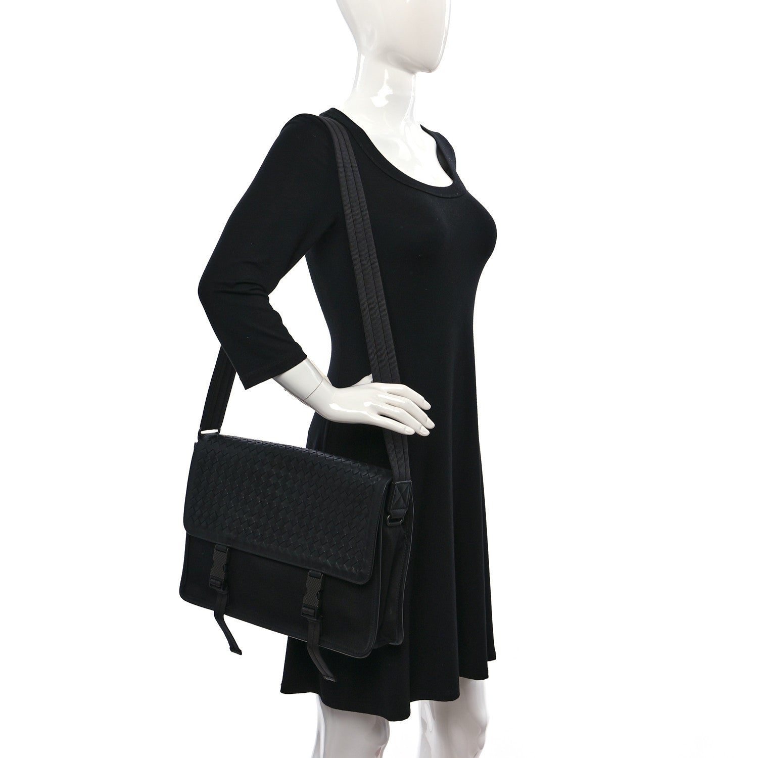 Bottega Veneta Canvas Calfskin Intrecciato Messenger Black 2 of 12