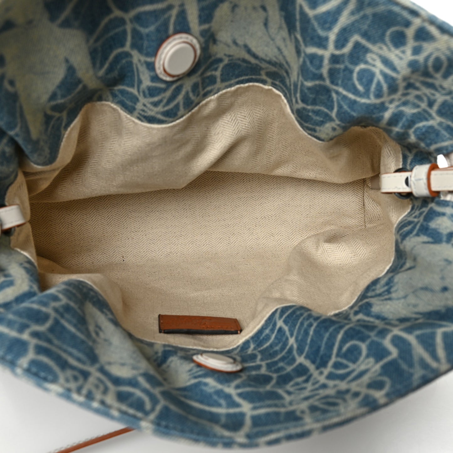 Denim Calfskin Mermaid Print Paula's Ibiza Flamenco Knot Bag Blue Tan