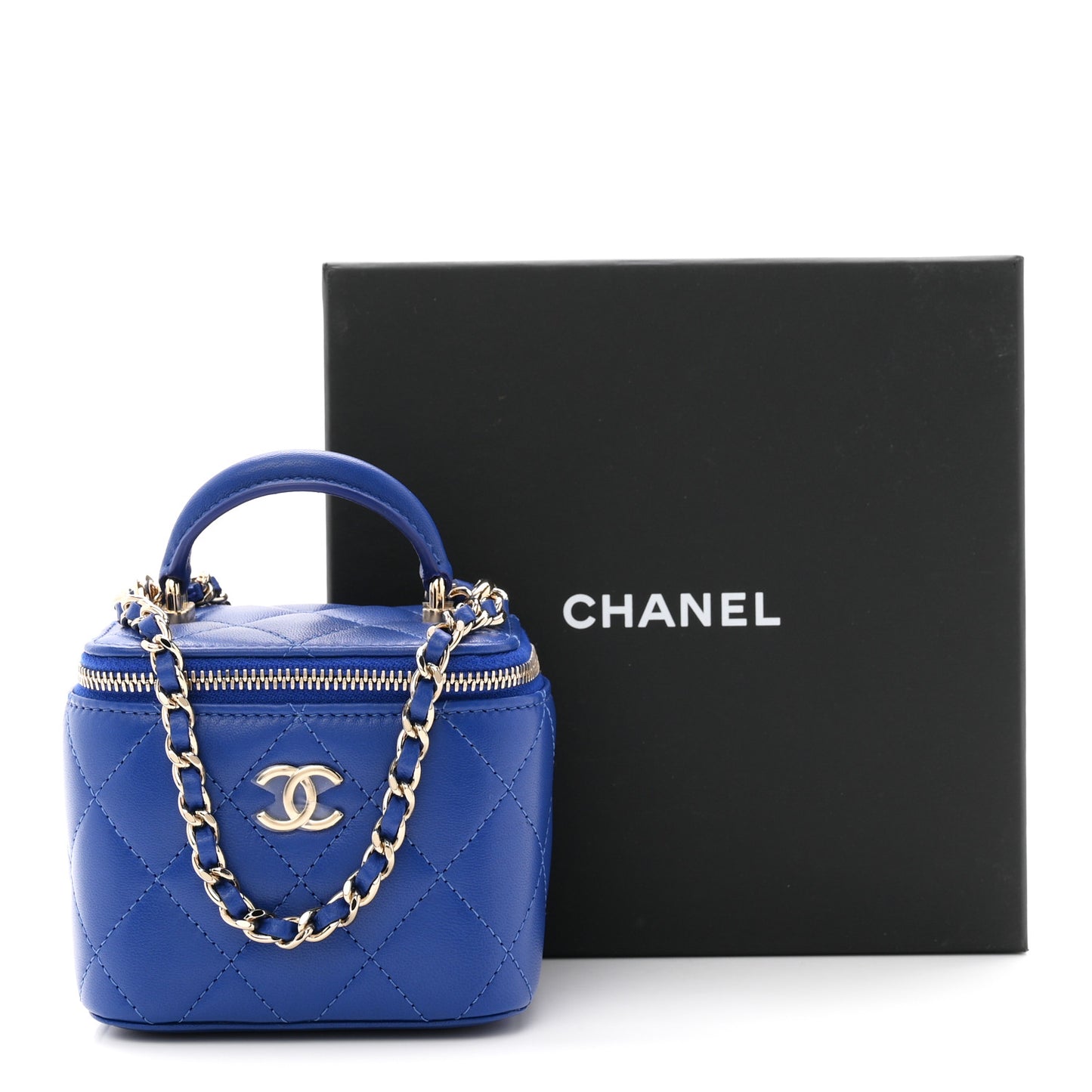 Lambskin Quilted Top Handle Mini Vanity Case With Chain Blue